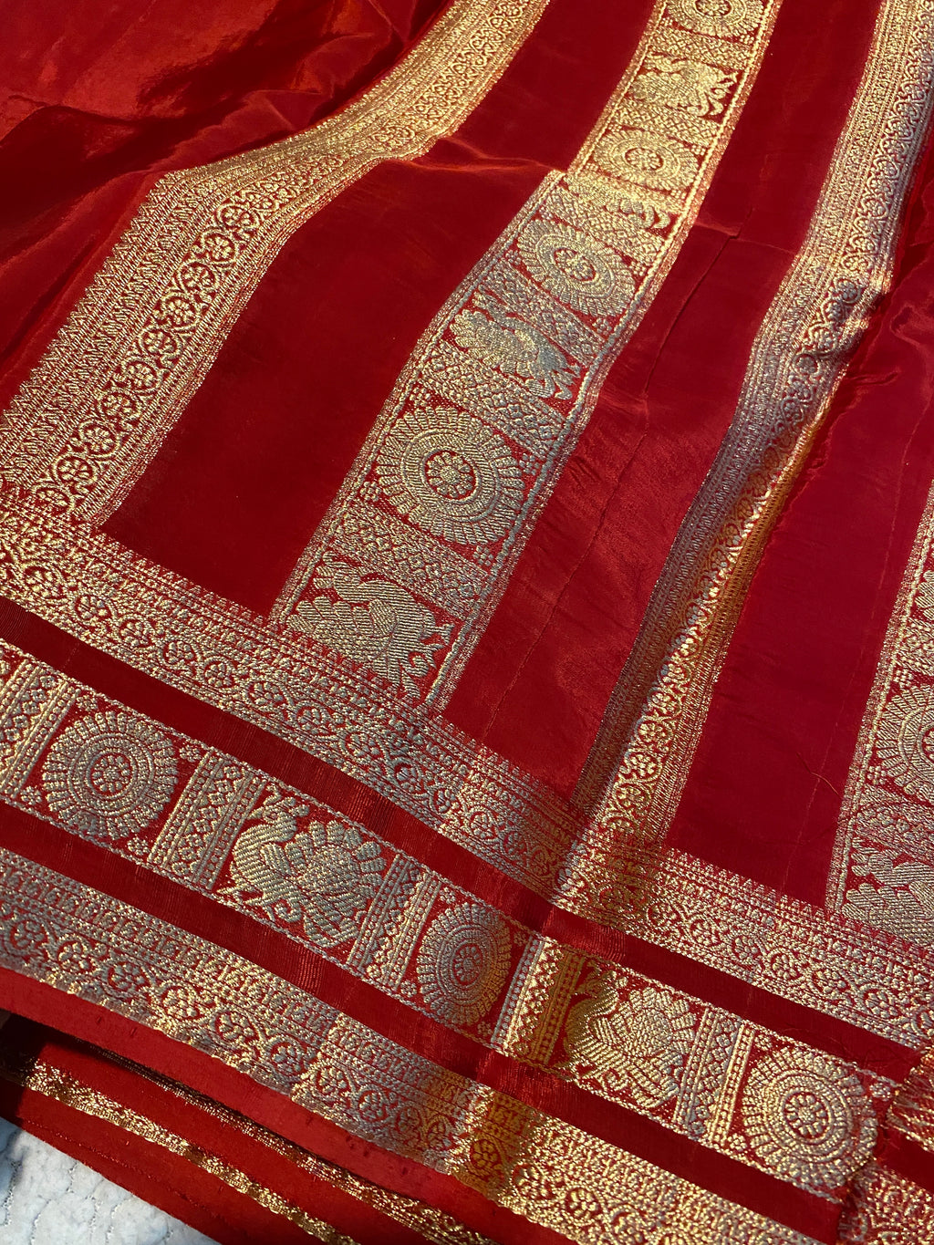 Red Satin Crepe Saree with Traditional Gold Zari Border