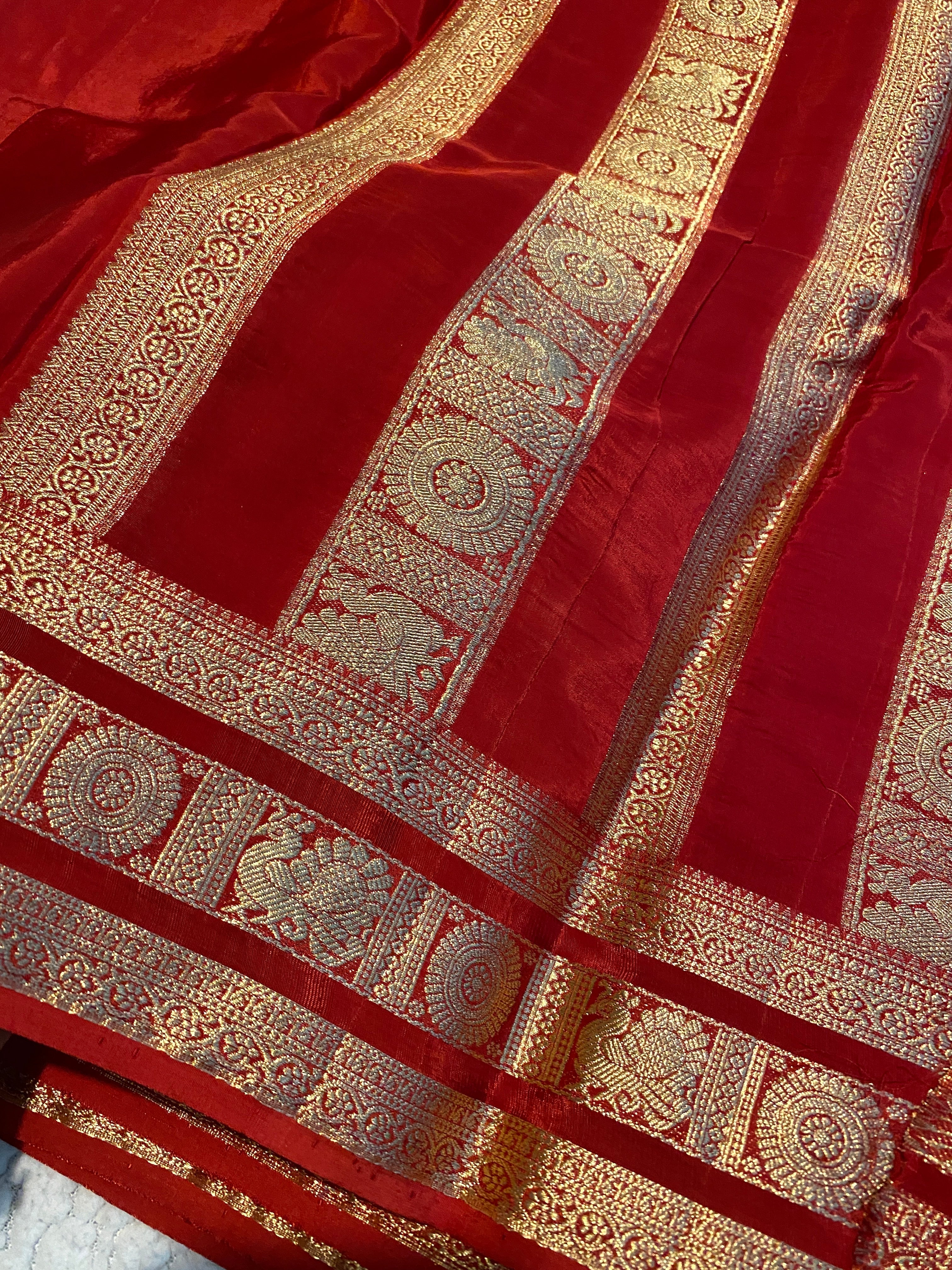 Red Satin Crepe Saree with Traditional Gold Zari Border
