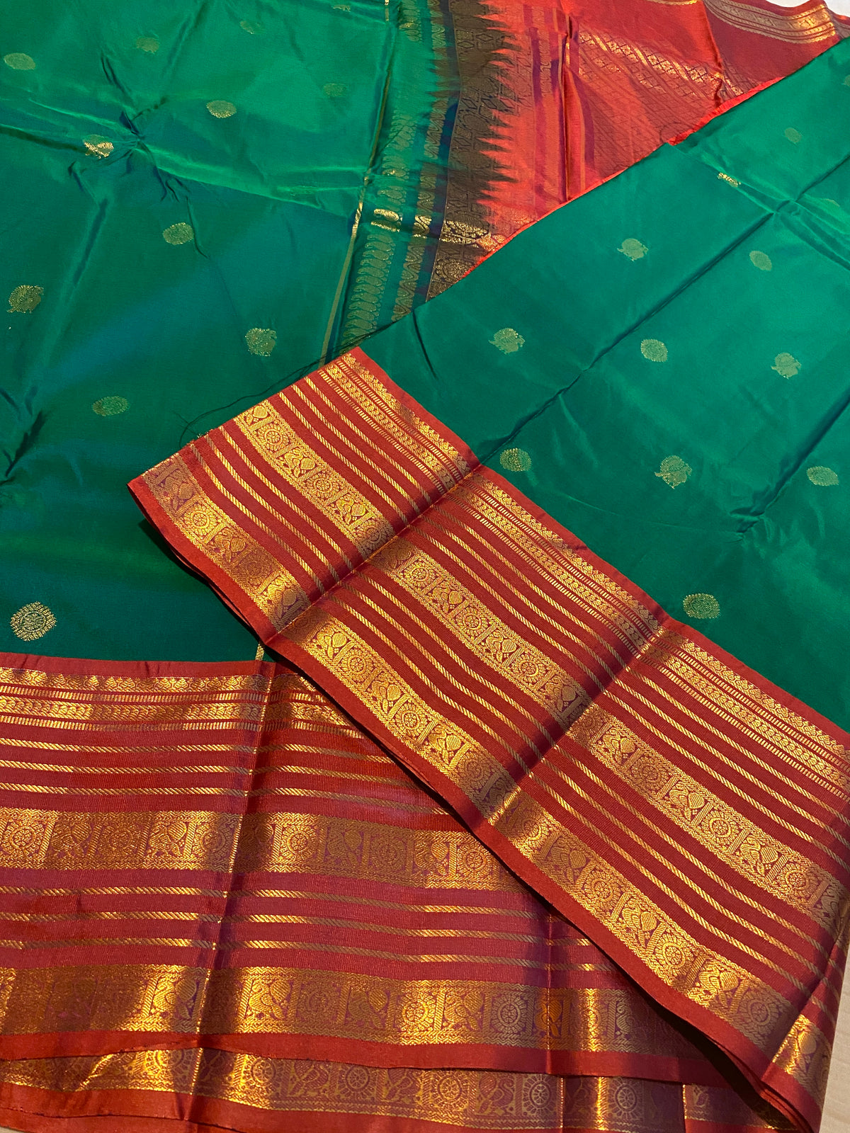 Premium Green & Rust Orange Semi-Kanchipuram Silk Saree with Gold Zari