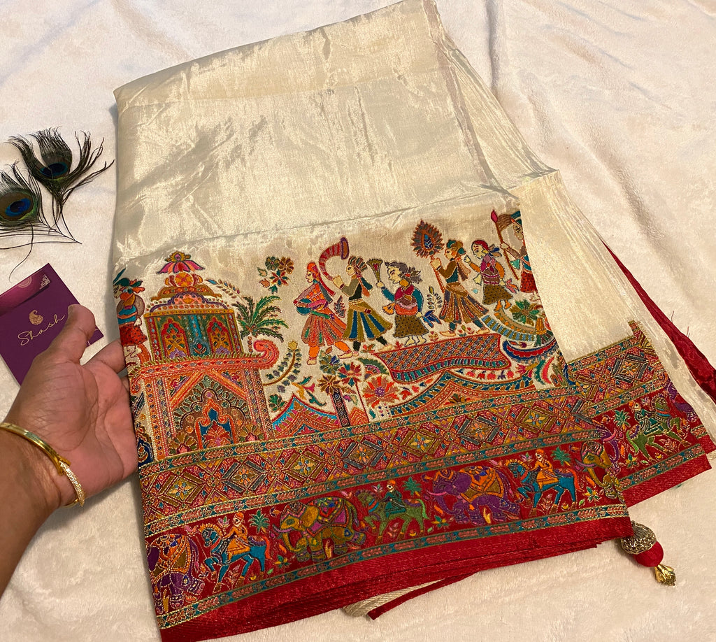 Ivory White Viscose Kalamkari Saree with Multicolour Heritage Border