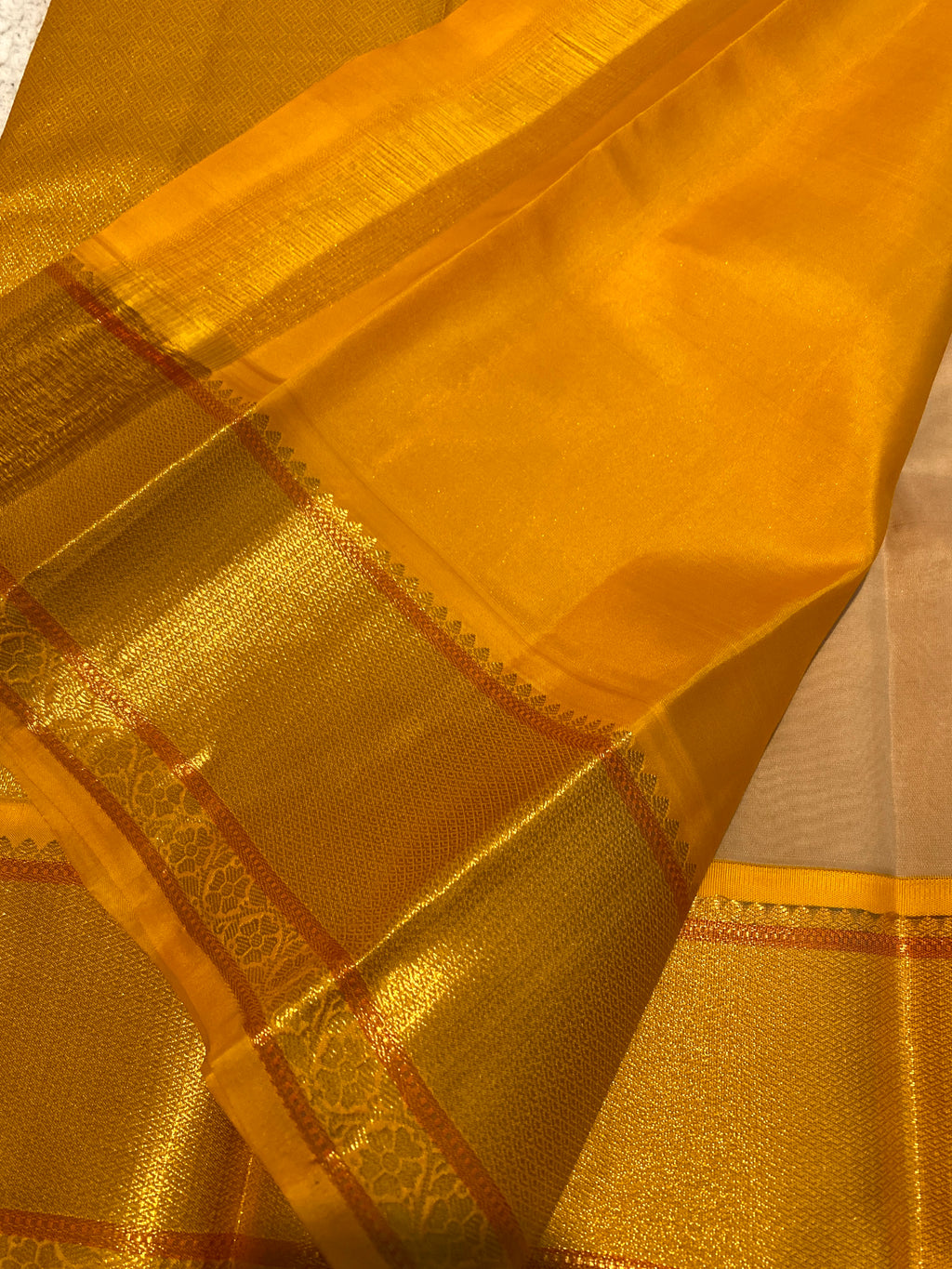 Pure Kanchipuram Silk Saree | Elegant Beige with Traditional Golden Yellow Zari Border