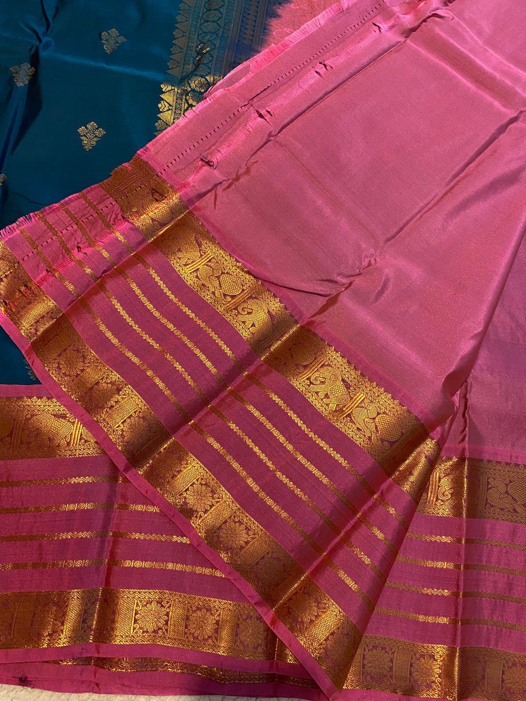 Premium Blue and Pink Semi-Kanchipuram Silk Saree with Gold Zari Border