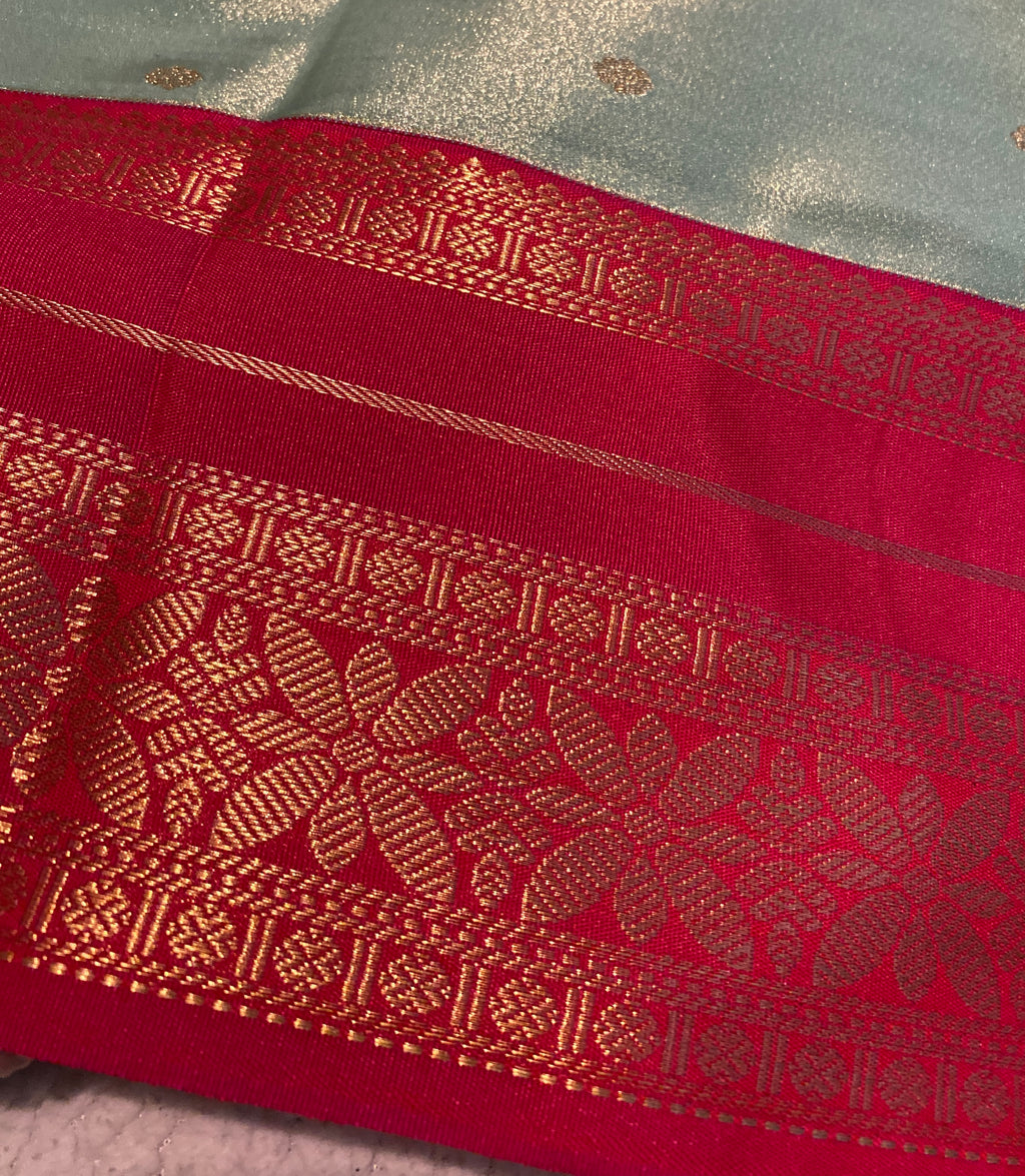 Shimmering Sage Green & Rani Pink Semi-Kanchipuram Silk Saree with Gold Zari Border