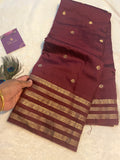 Rusty Maroon Assam Silk Saree with Gold Zari Border & Orange Blouse