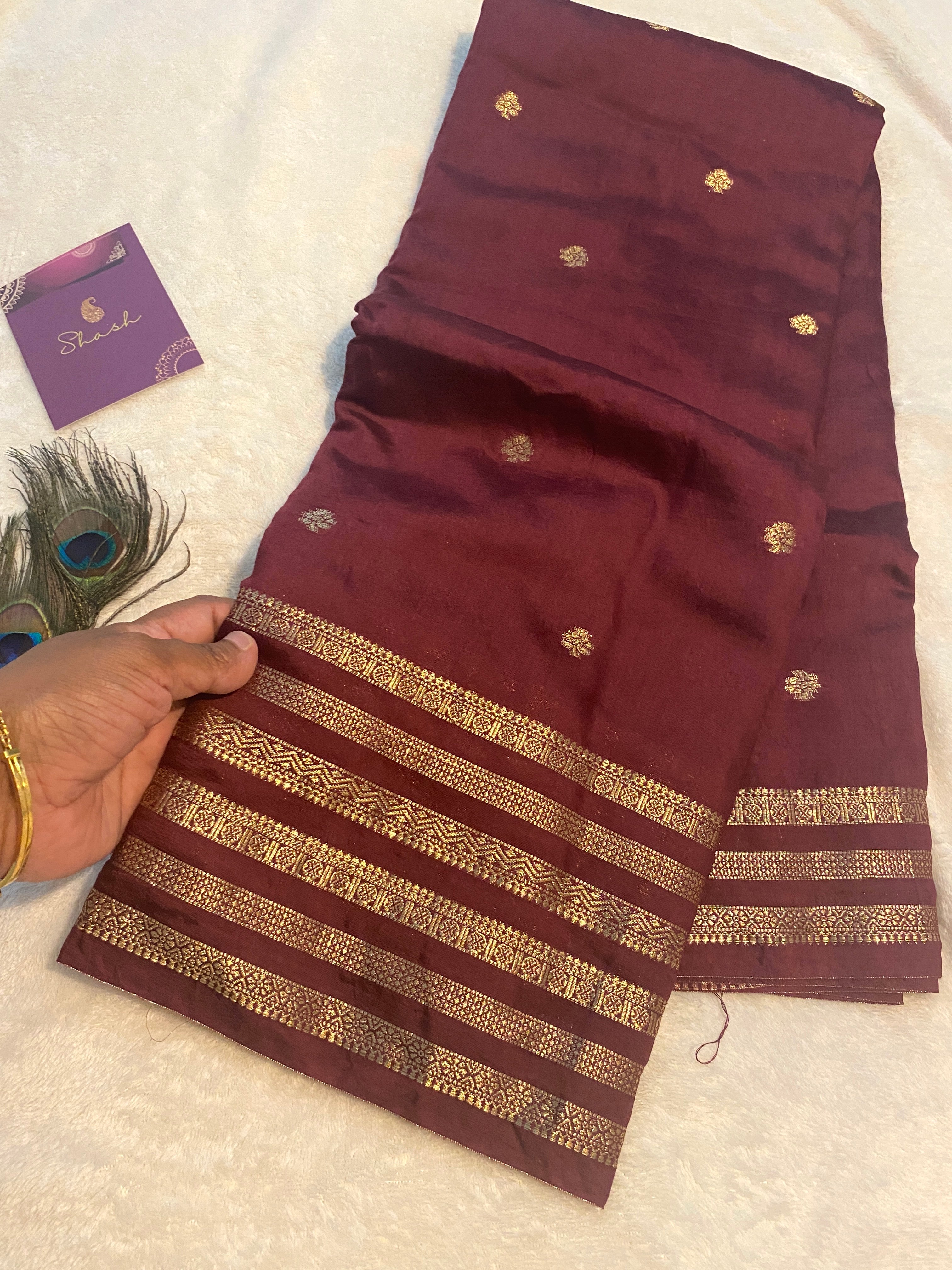 Rusty Maroon Assam Silk Saree with Gold Zari Border & Orange Blouse