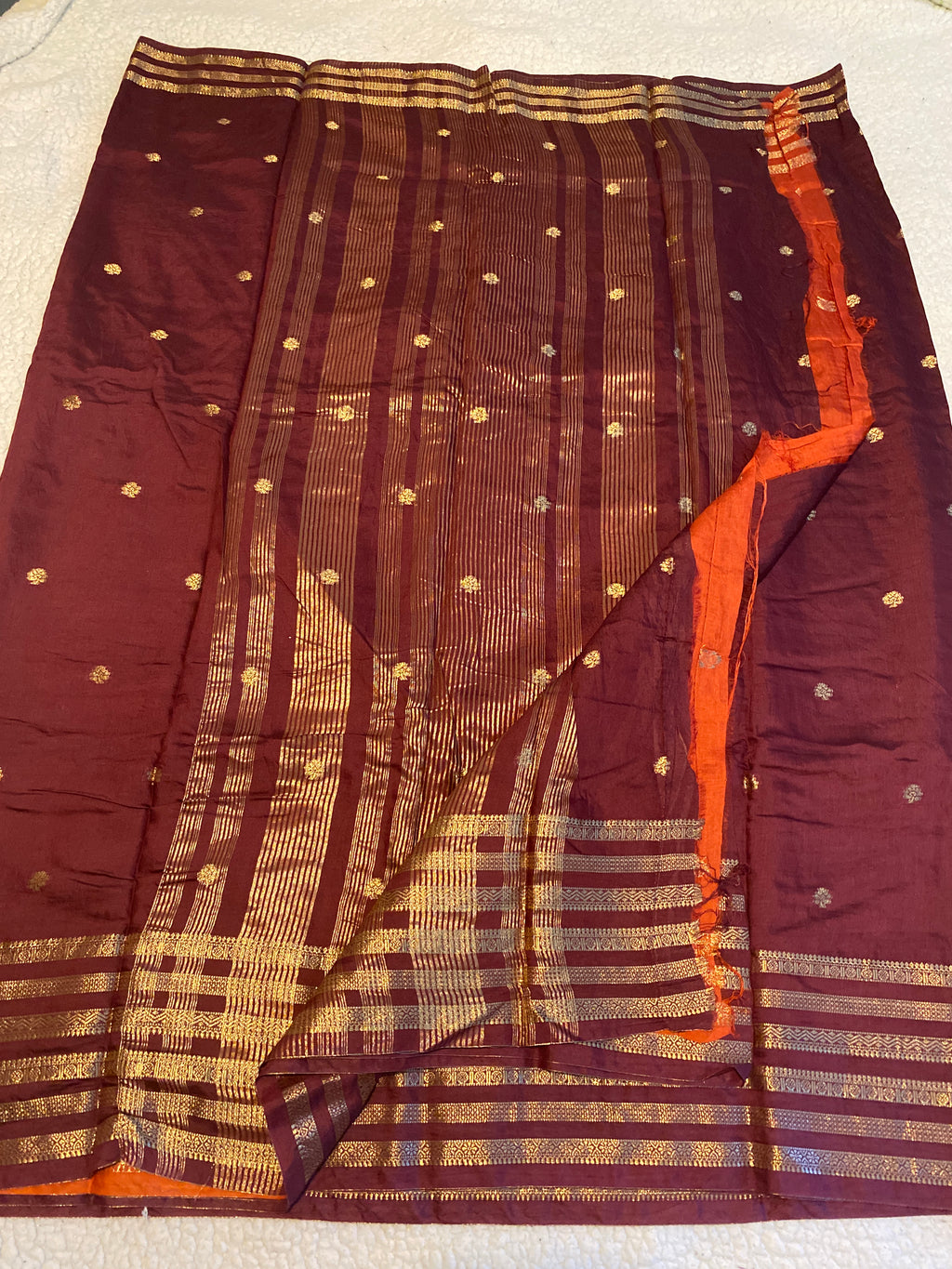 Rusty Maroon Assam Silk Saree with Gold Zari Border & Orange Blouse