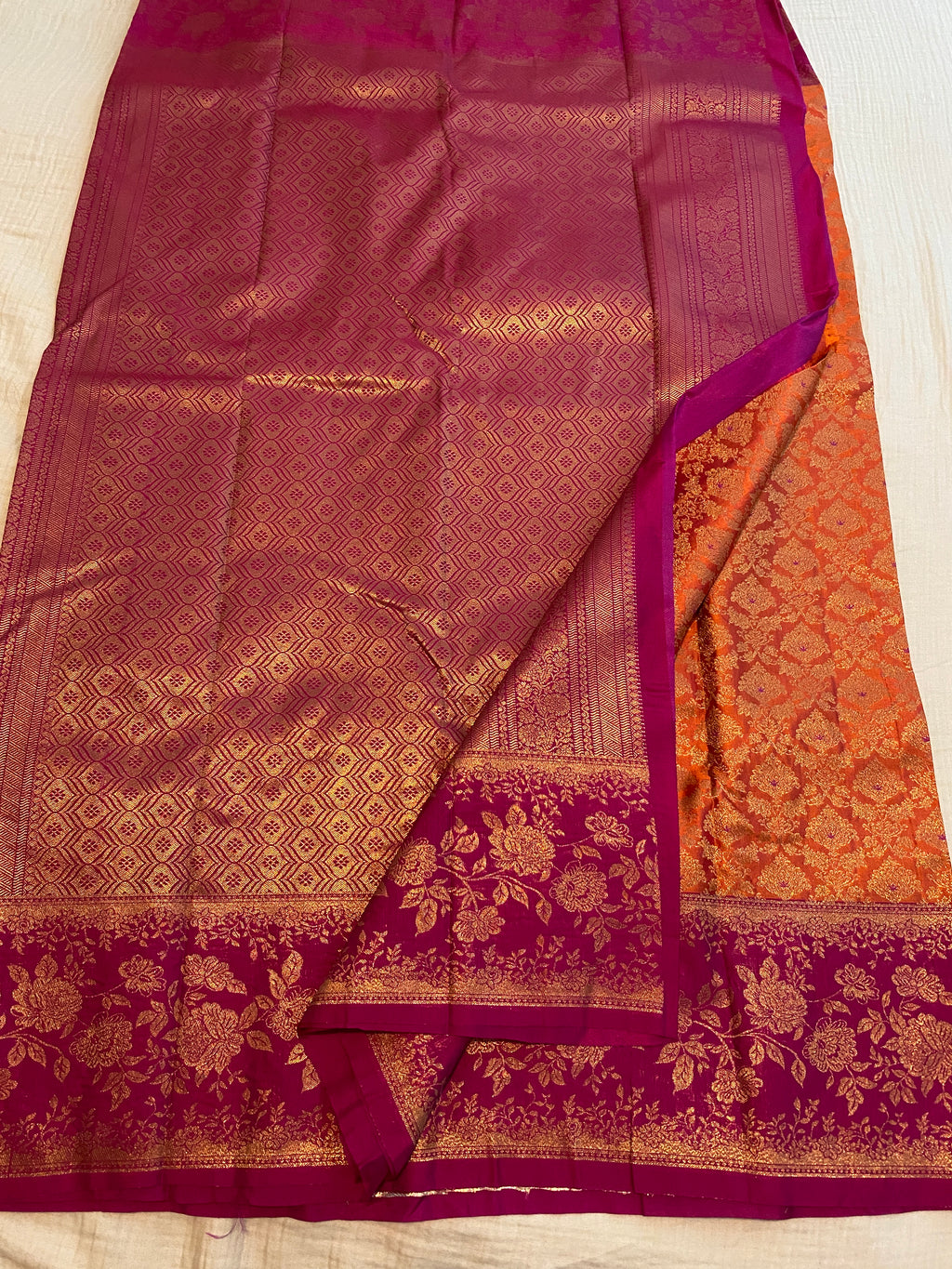 Premium Semi-Kanchipuram Silk Saree in Orange with Magenta Pink Floral Gold Zari Border & Pallu
