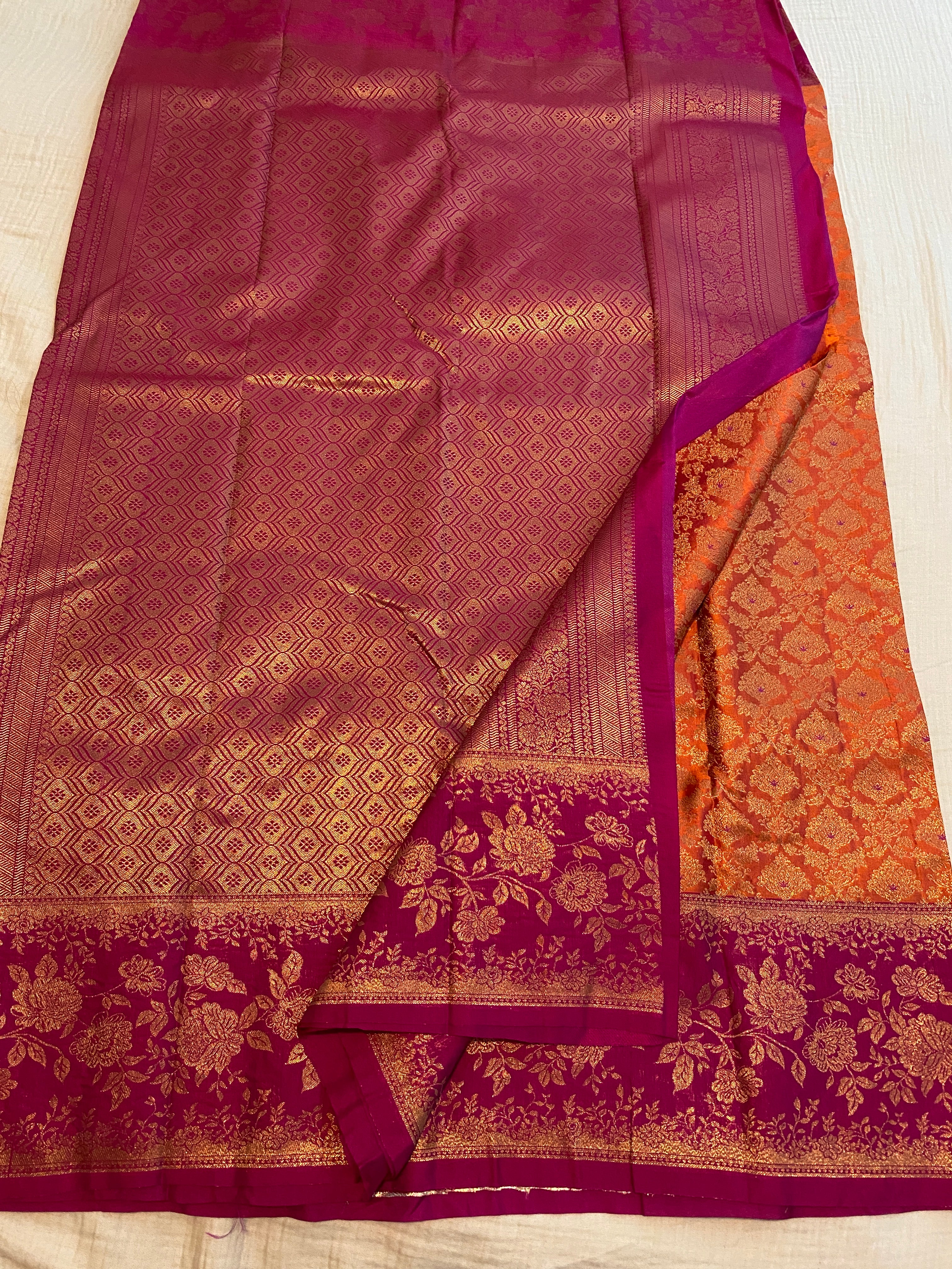 Premium Semi-Kanchipuram Silk Saree in Orange with Magenta Pink Floral Gold Zari Border & Pallu