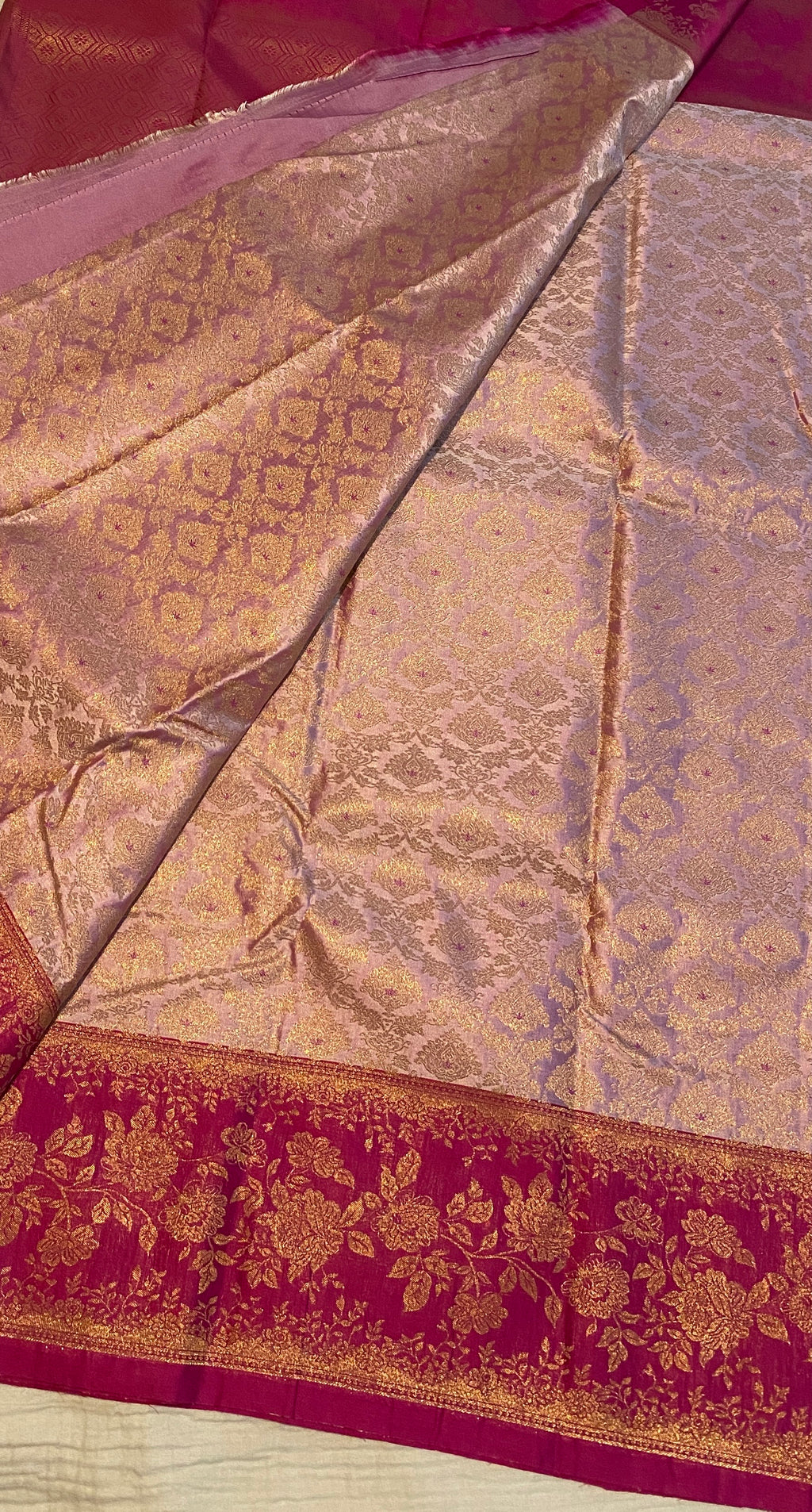 Blush Pink Premium Semi-Kanchipuram Silk Saree with Magenta Pink Floral Gold Zari Border & Pallu