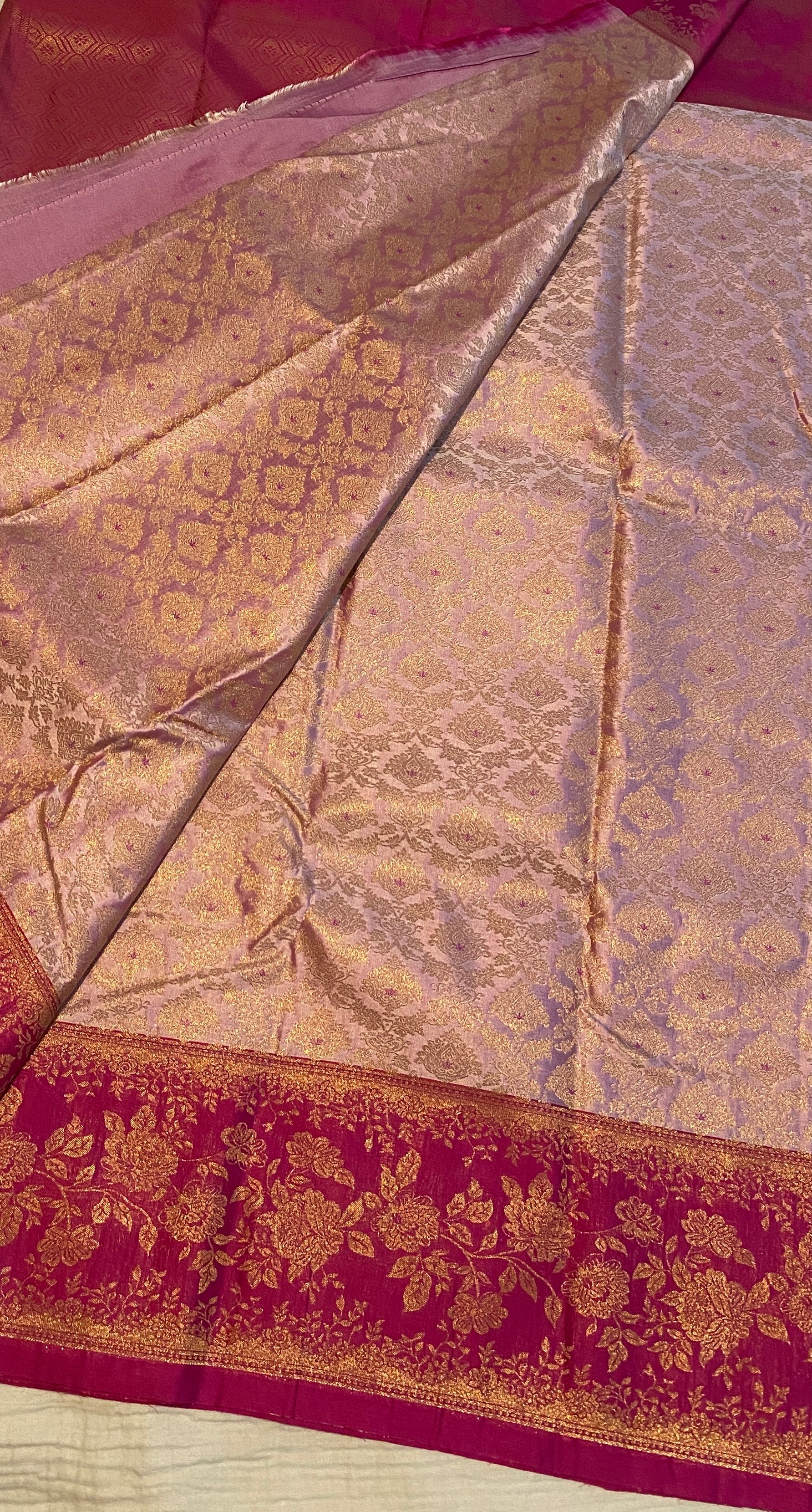 Blush Pink Premium Semi-Kanchipuram Silk Saree with Magenta Pink Floral Gold Zari Border & Pallu