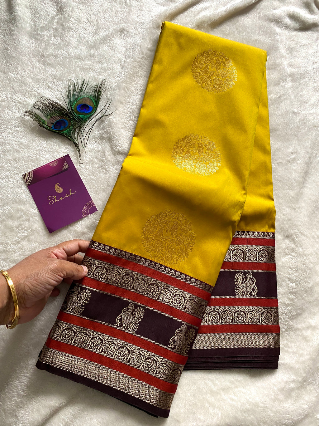 Golden Yellow & Deep Plum Semi-Kanchipuram Silk Saree with Peacock Zari Motifs