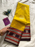 Golden Yellow & Deep Plum Semi-Kanchipuram Silk Saree with Peacock Zari Motifs