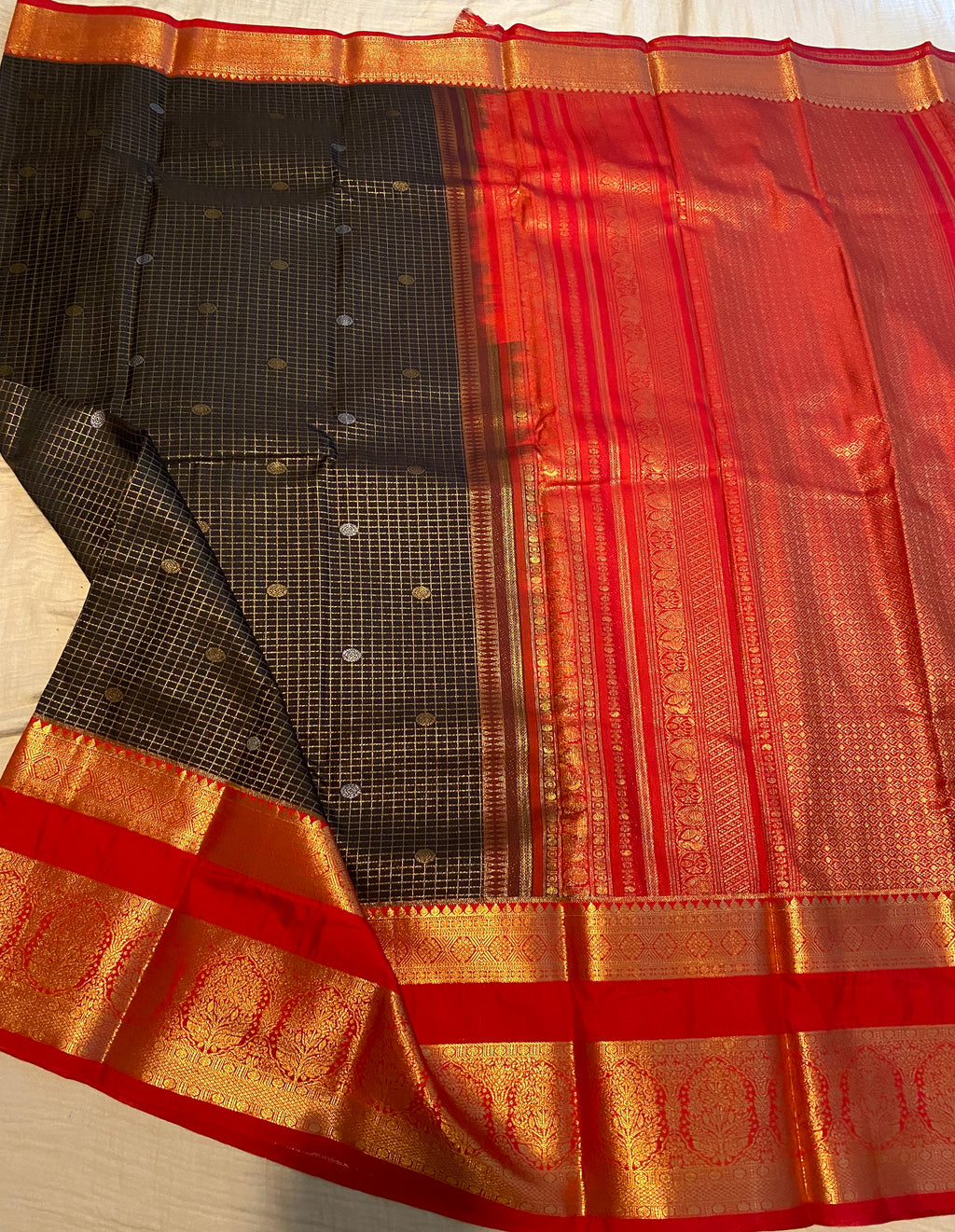 Premium Black & Red Semi-Kanchipuram Silk Saree with Gold Zari