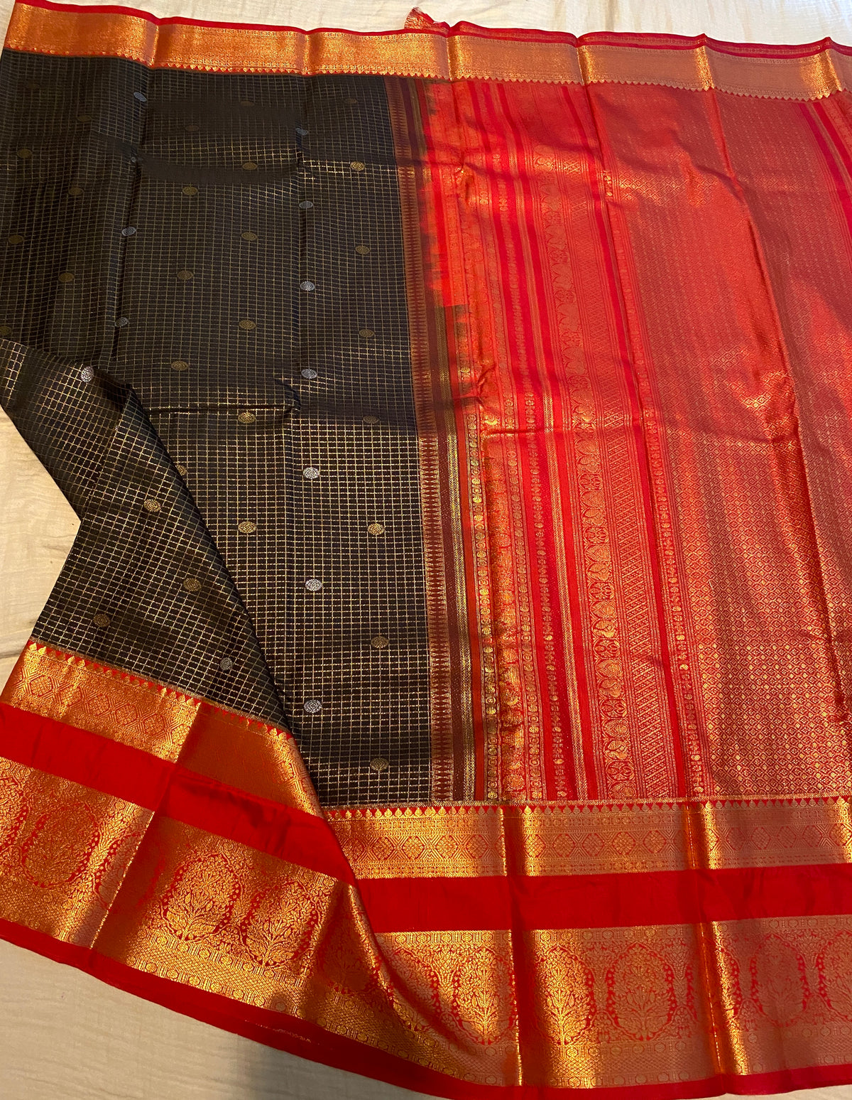 Premium Black & Red Semi-Kanchipuram Silk Saree with Gold Zari