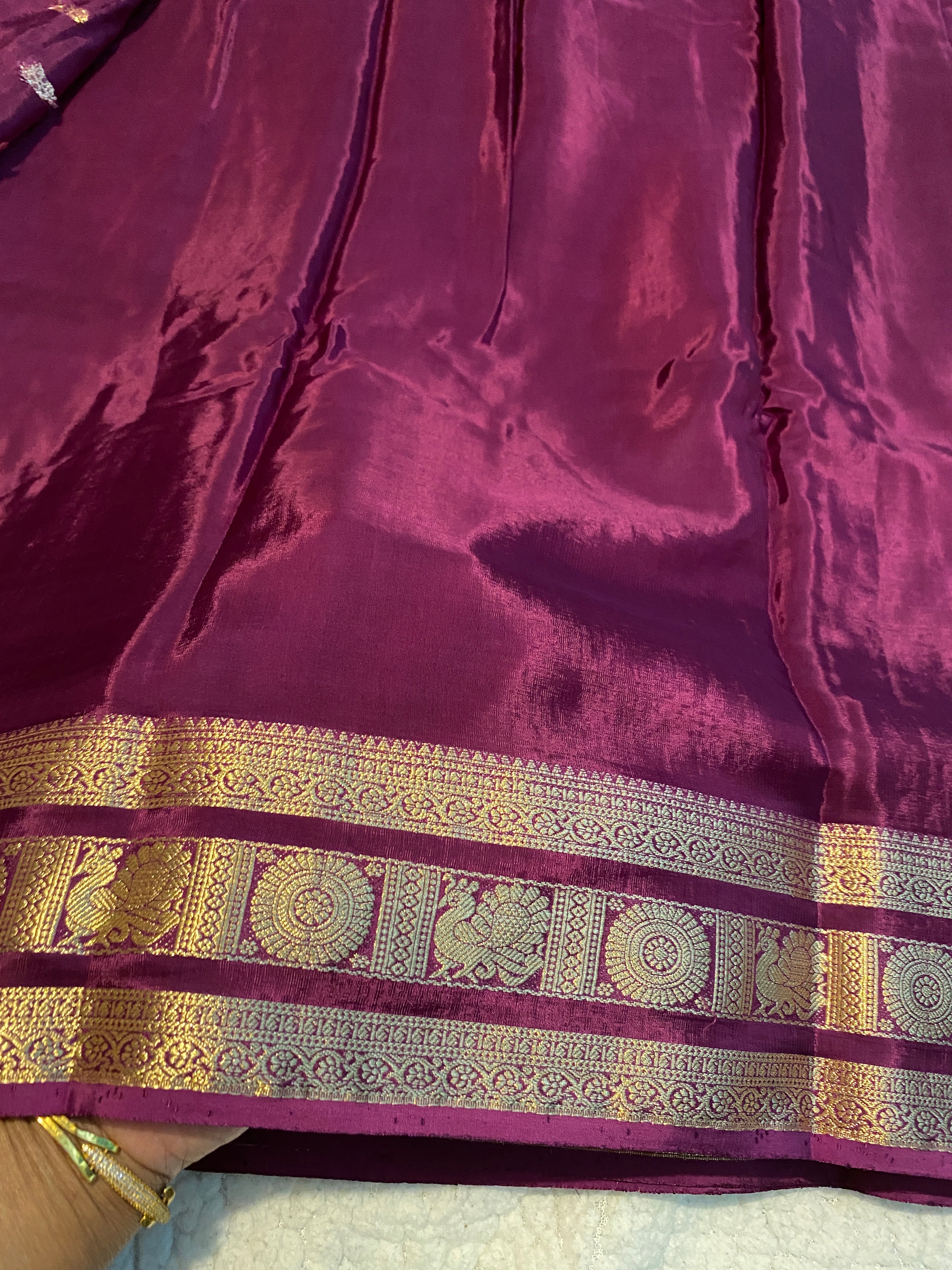 Purple Satin Crepe Saree with Traditional Gold Zari Border