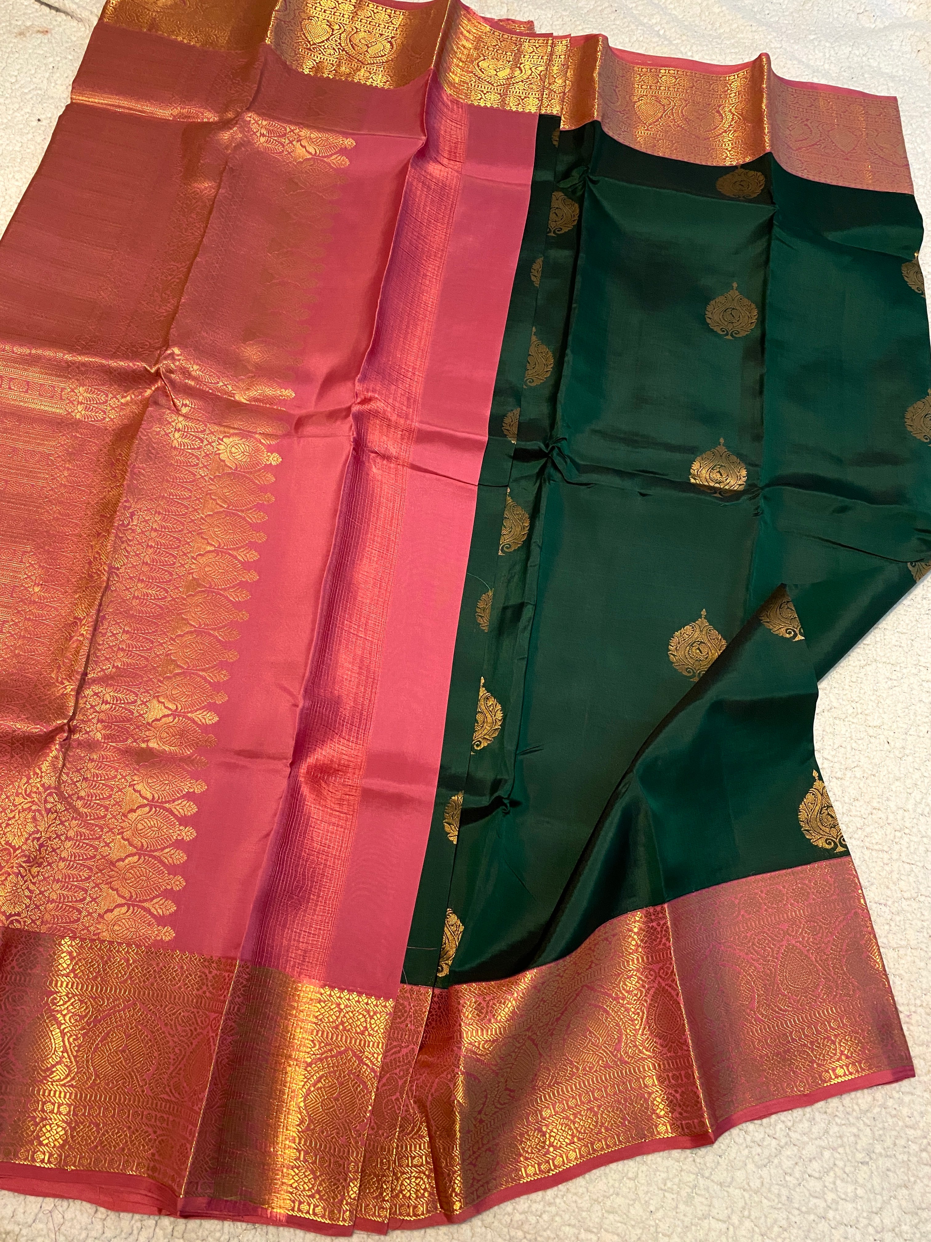 Pure Kanchipuram Silk Saree | Emerald Green with Pink Gold Zari Border