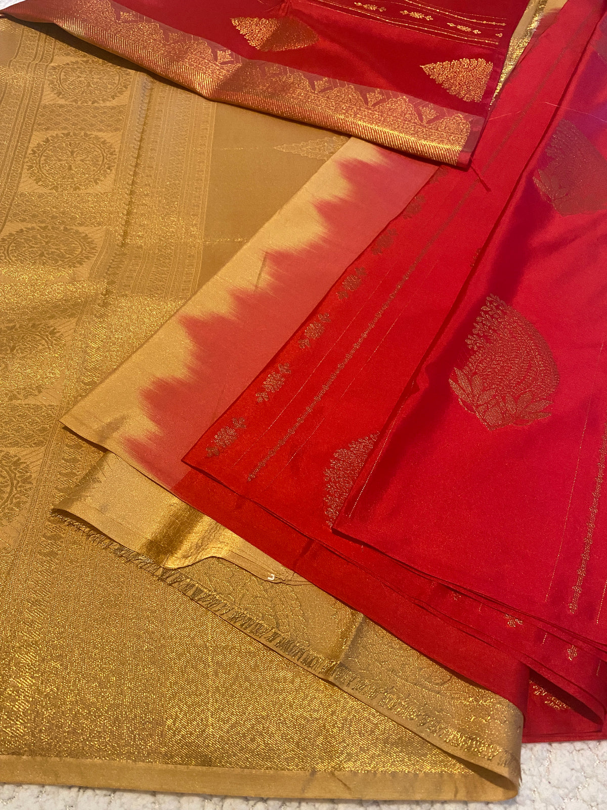 Red Semi-Kanchipuram Silk Saree with Gold Zari Motifs & Rich Woven Pallu