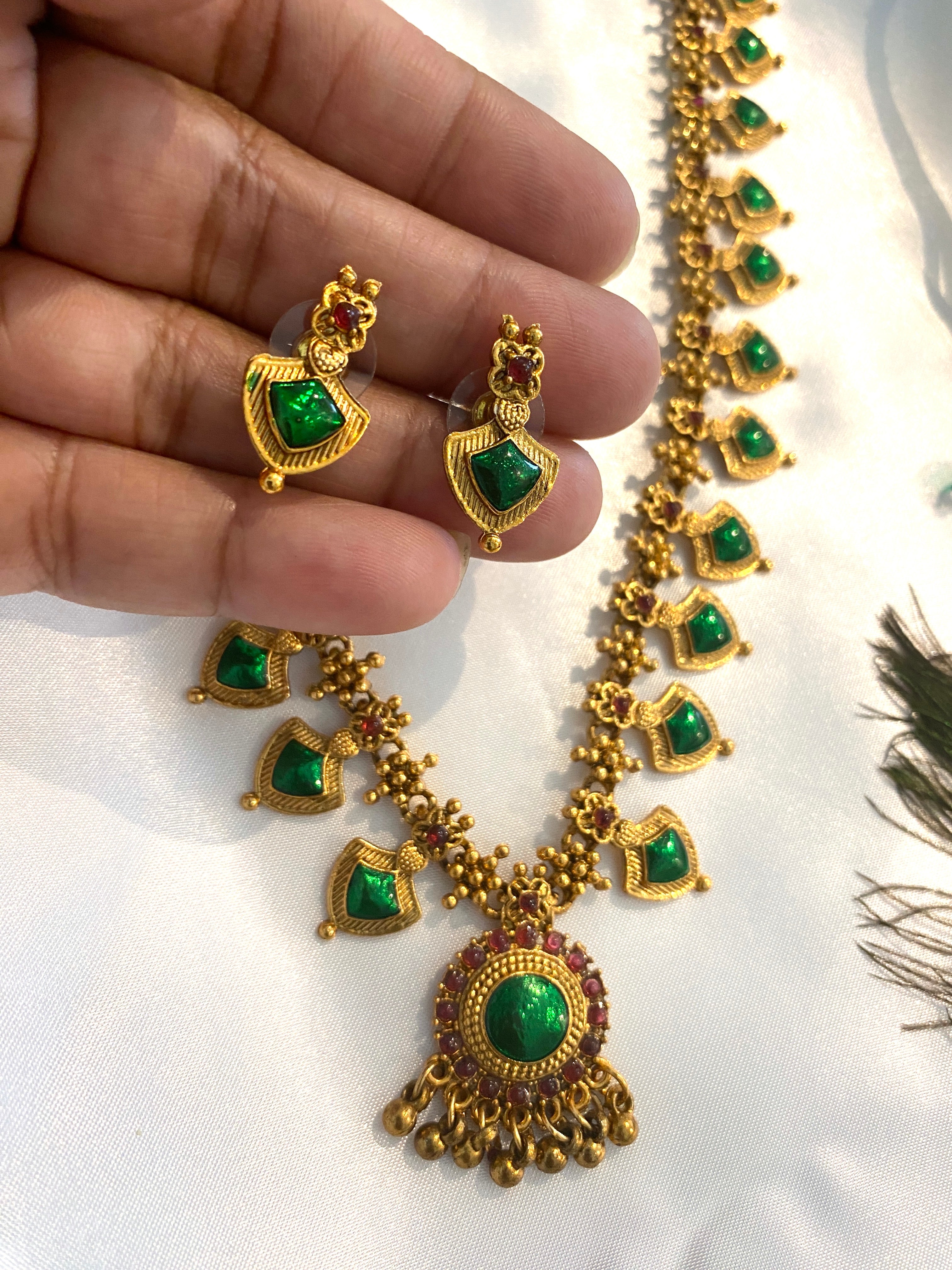 Green Palakka Haram Necklace Set | Traditional Kerala Jewelry
