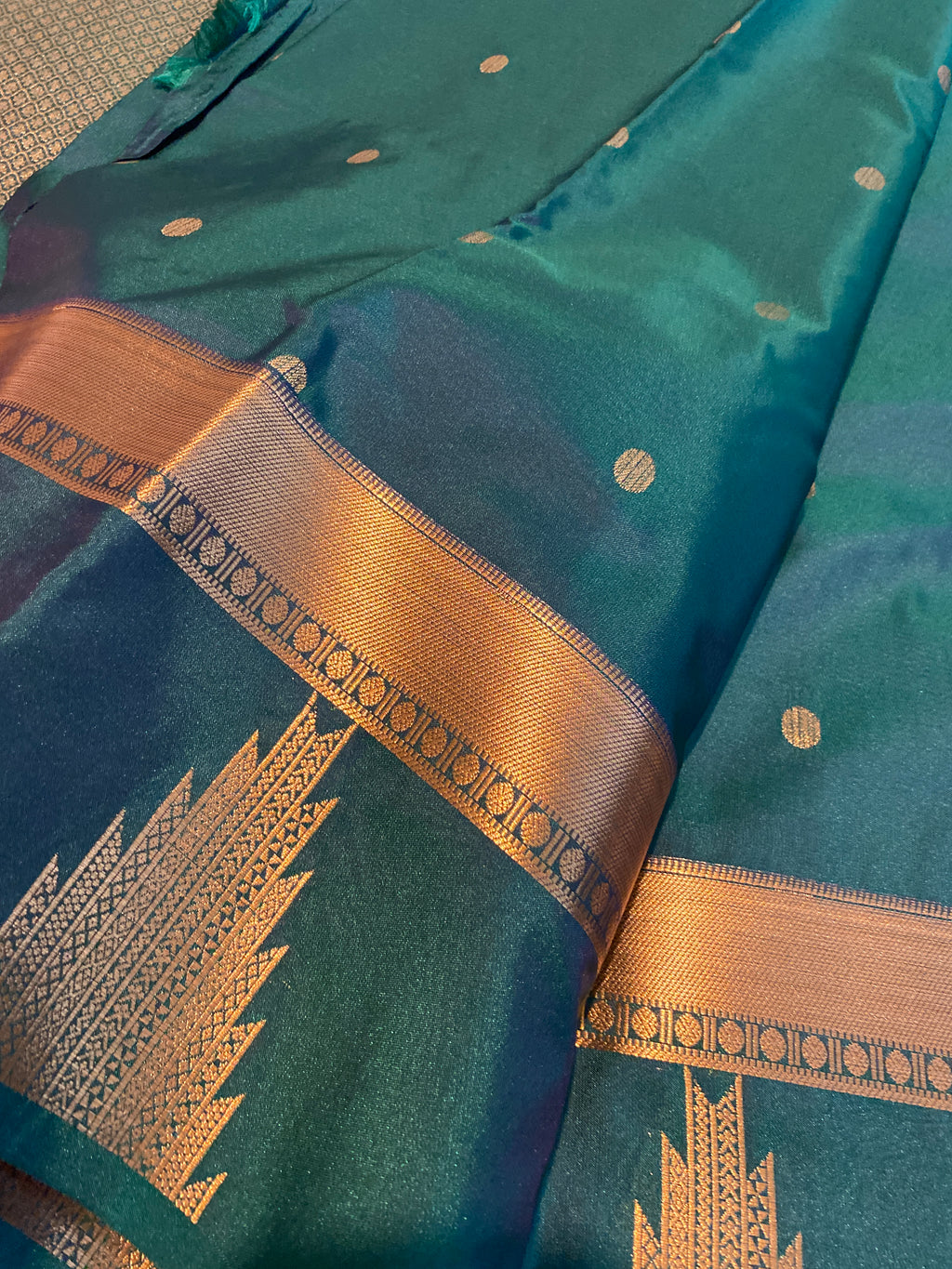Teal Green Semi-Kanchipuram Silk Saree with Gold Zari Butta & Traditional Temple Border