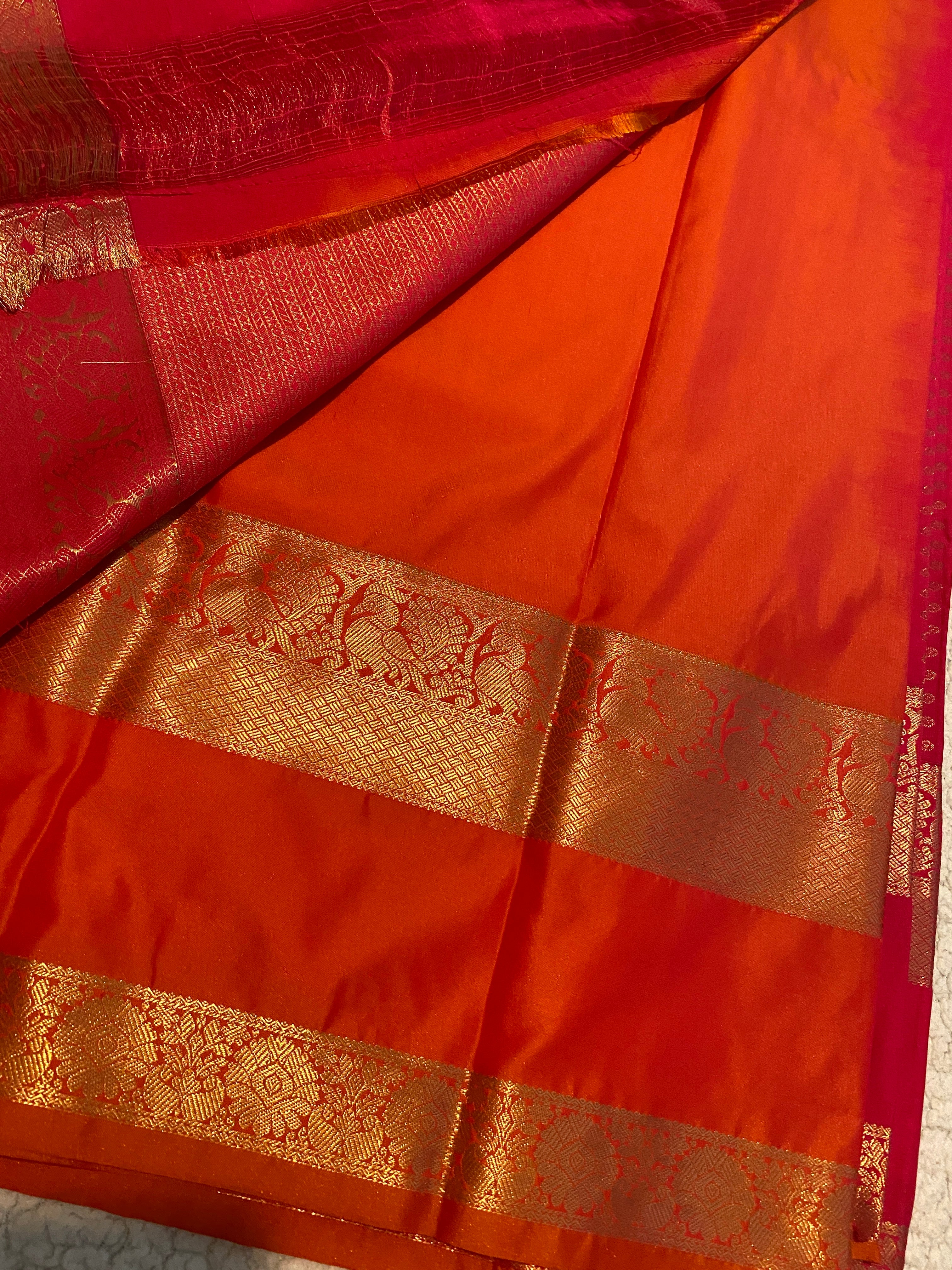Premium Rani Pink Semi Kanchipuram Silk Saree with Gold Zari & Orange Piping Border
