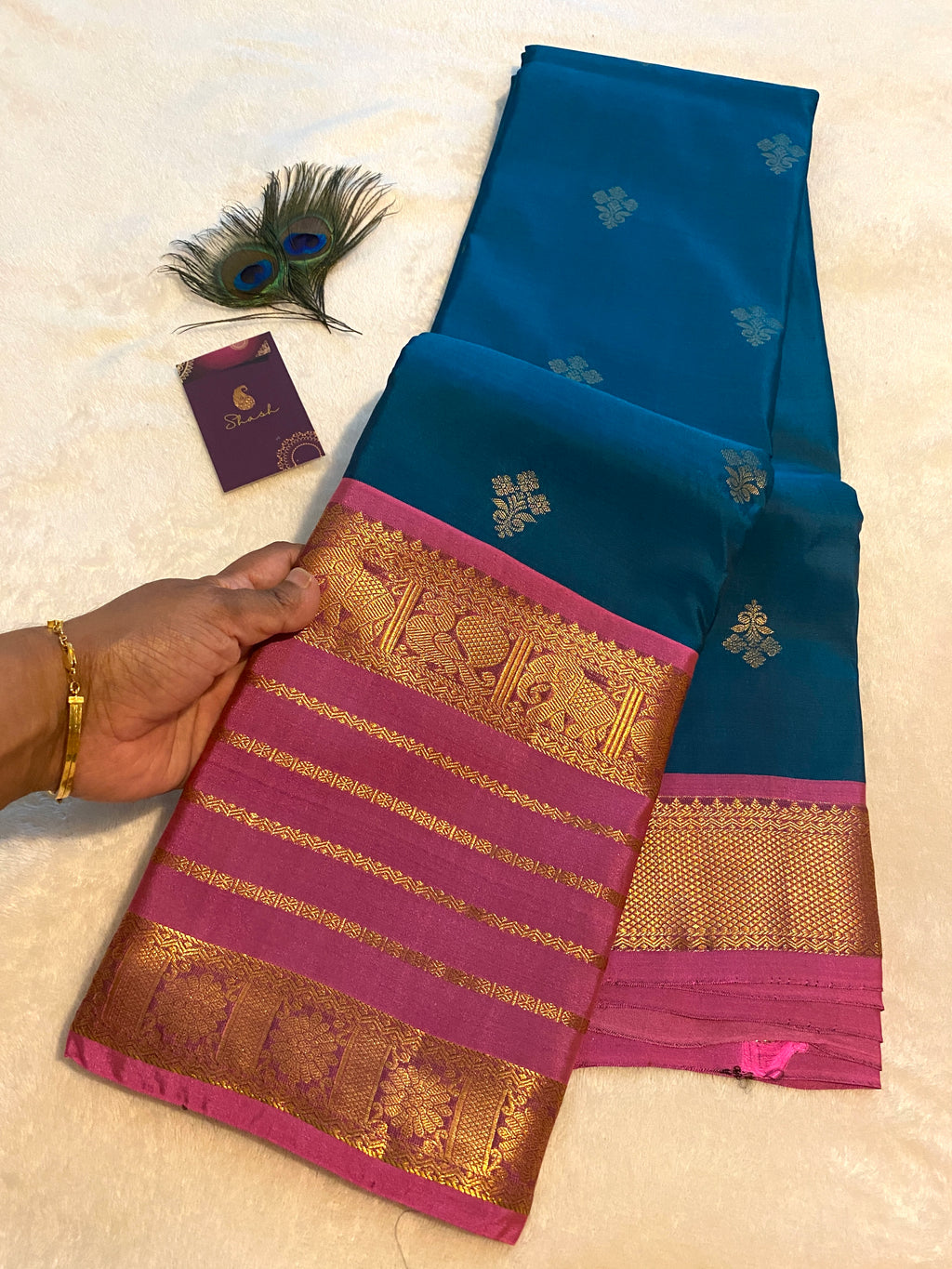 Premium Blue and Pink Semi-Kanchipuram Silk Saree with Gold Zari Border