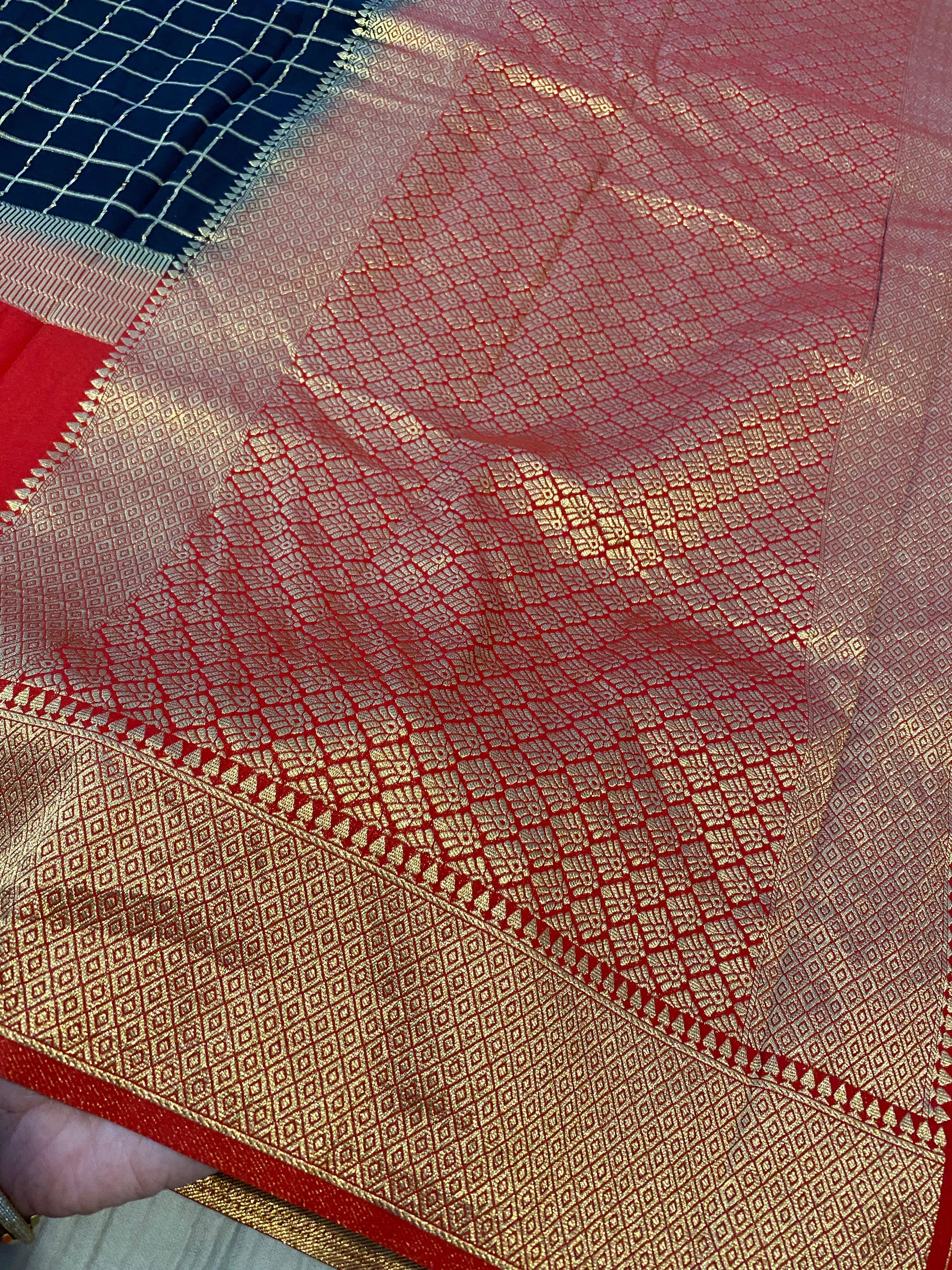 Georgette Saree in Black & Red with Gold Zari Checks