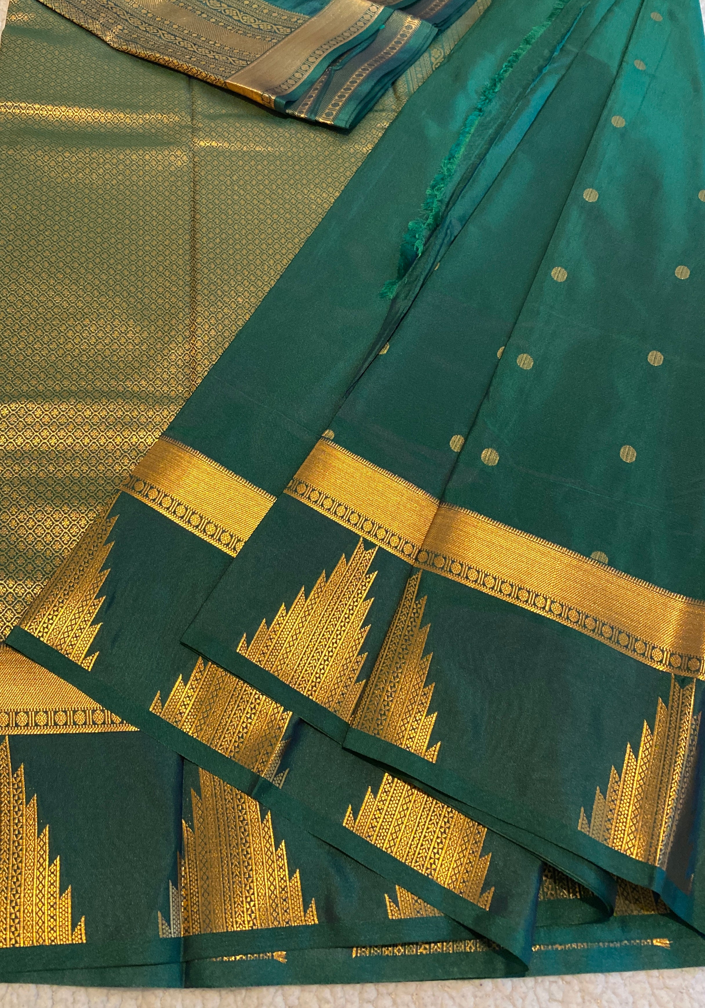Teal Green Semi-Kanchipuram Silk Saree with Gold Zari Butta & Traditional Temple Border