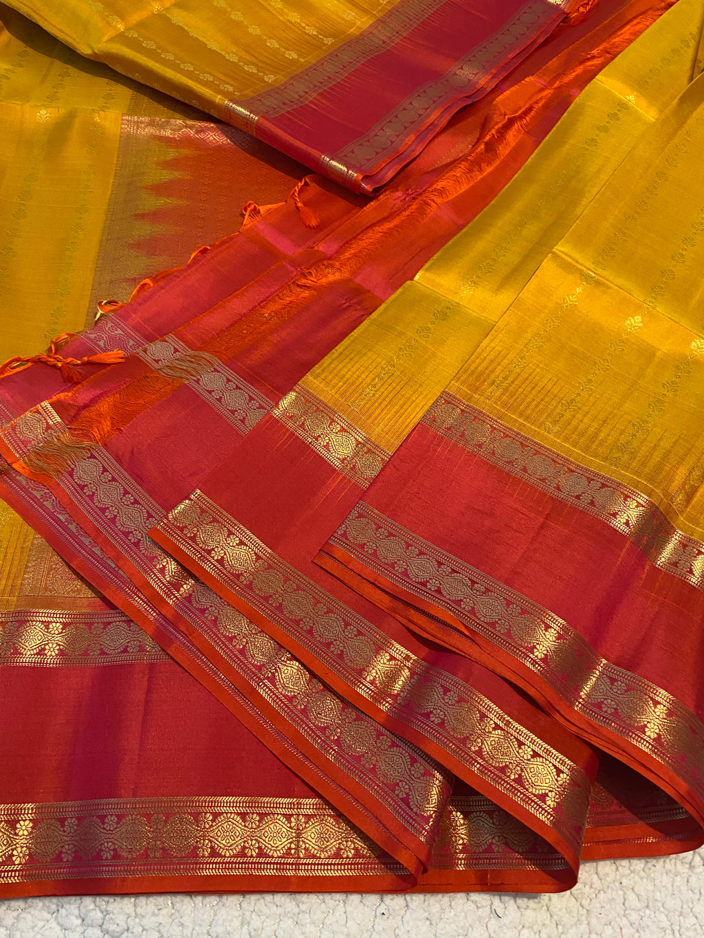 Pure Kanchipuram Soft Silk Saree | Mustard Yellow with Reddish Orange Border