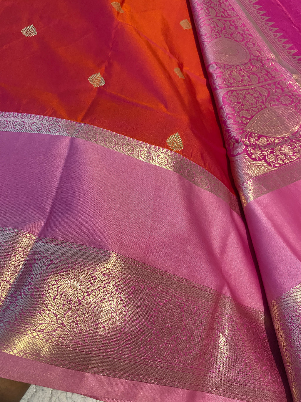 Semi-Kanchipuram Silk Saree in Dual-Tone Deep Pink & Orange with Rose Pink Pallu & Gold Zari Border