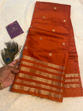 Assam Silk Saree in Burnt Orange with Gold Zari Border & Contrast Deep Reddish Maroon Blouse