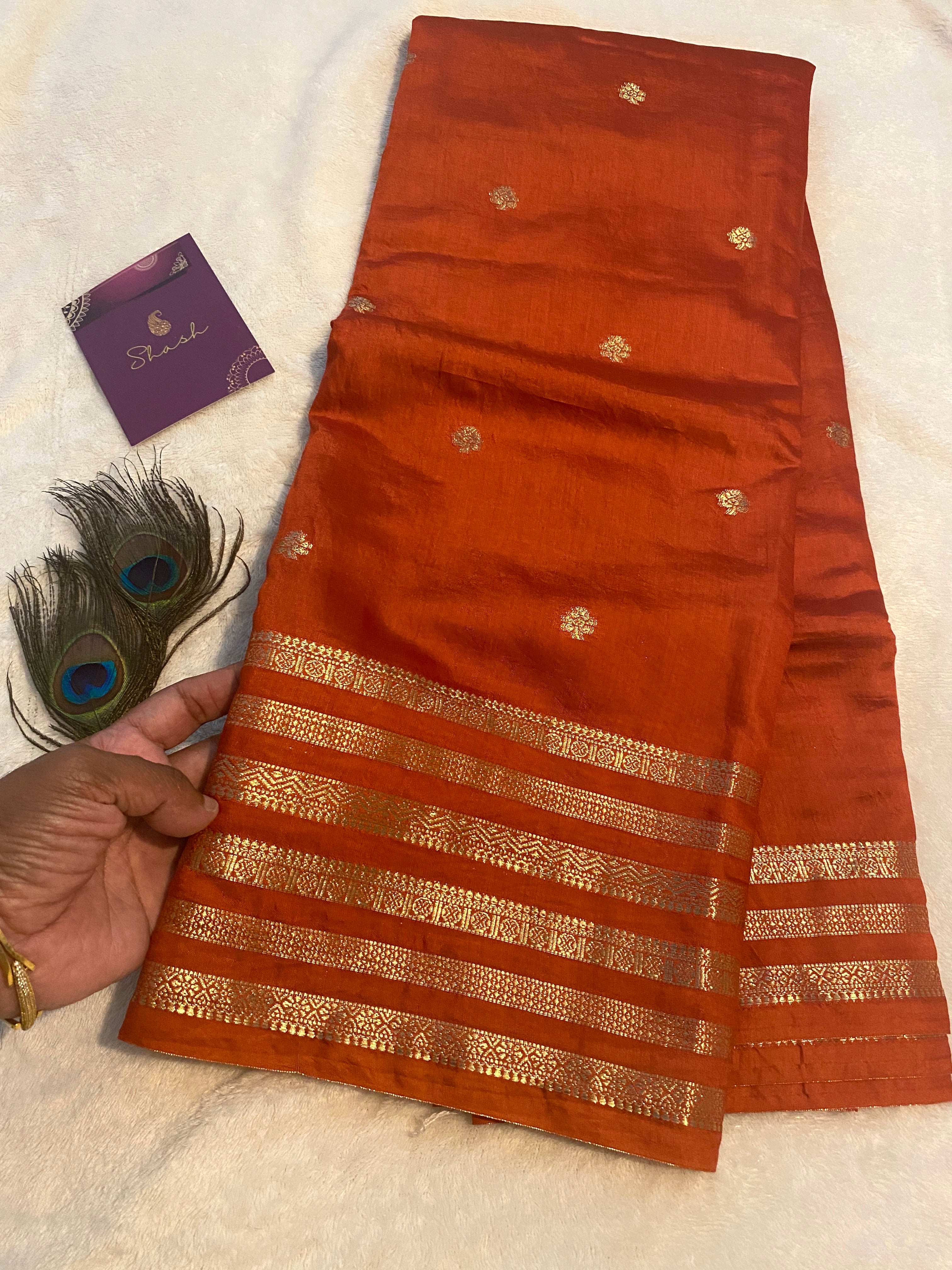 Assam Silk Saree in Burnt Orange with Gold Zari Border & Contrast Deep Reddish Maroon Blouse