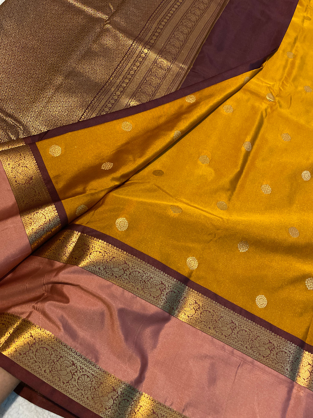 Mustard Gold & Dusty Rose Semi-Kanchipuram Silk Saree