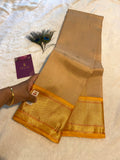 Pure Kanchipuram Silk Saree | Elegant Beige with Traditional Golden Yellow Zari Border