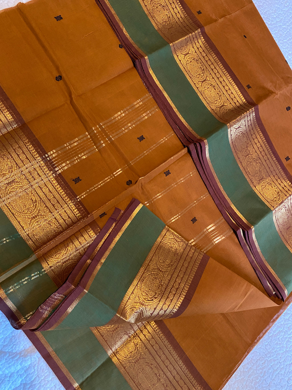Pure Kanchi Cotton Saree | Honey Mustard with Contrast Green Border