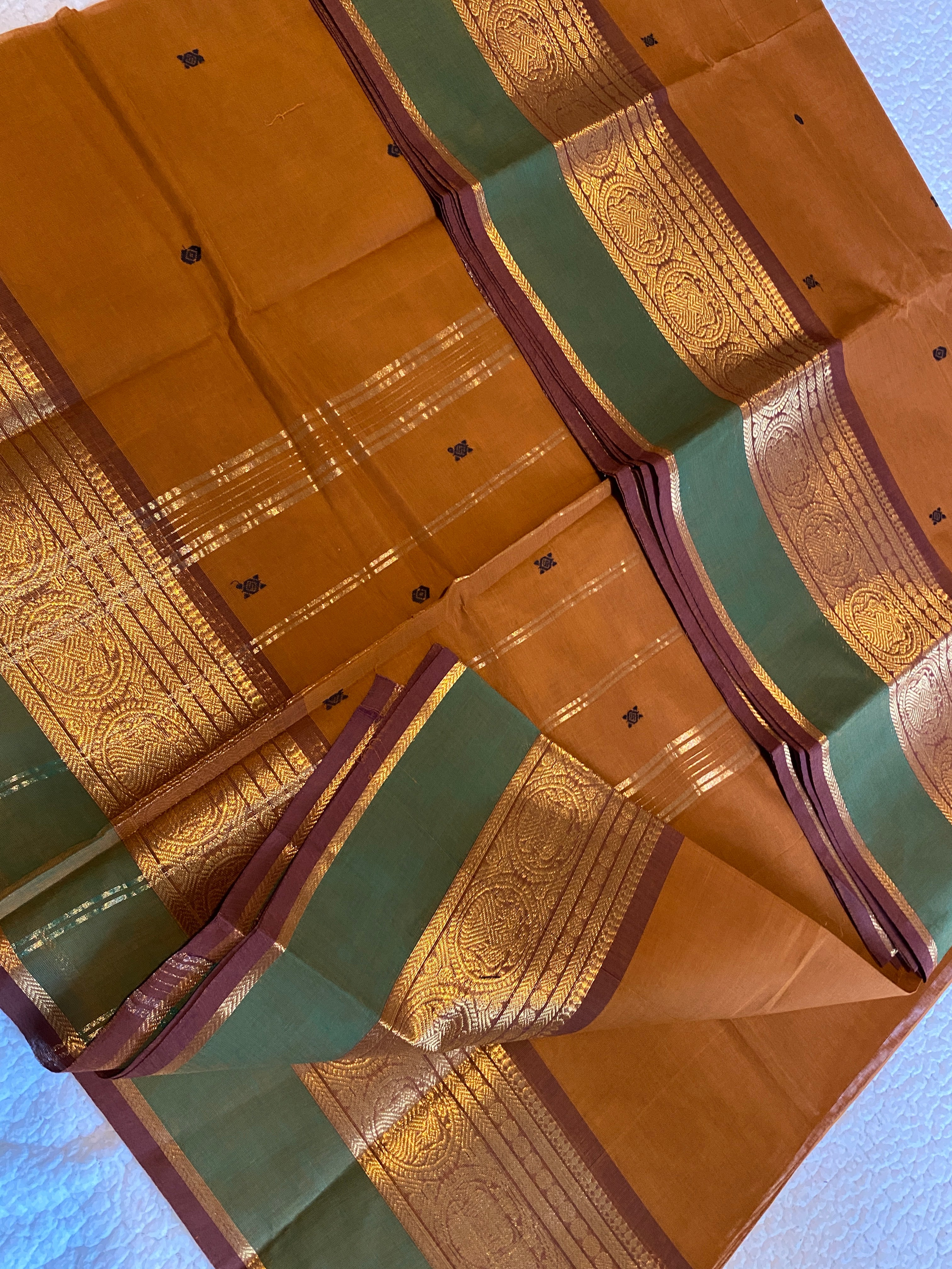 Pure Kanchi Cotton Saree | Honey Mustard with Contrast Green Border