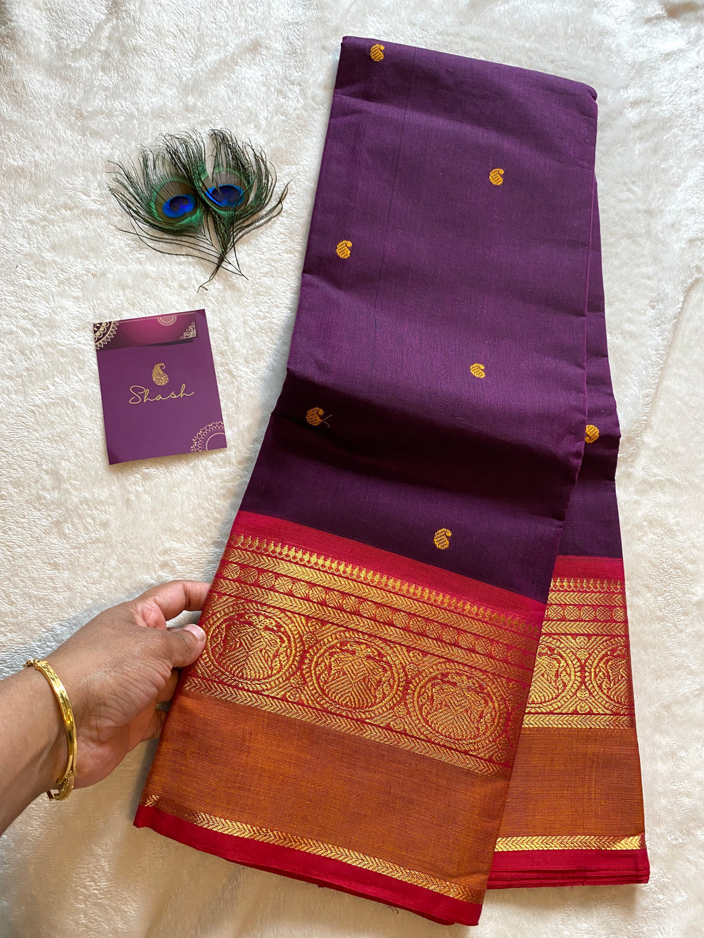 Purple Pure Kanchi Cotton Saree with Contrast Orange Border