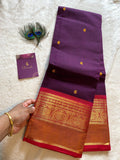 Purple Pure Kanchi Cotton Saree with Contrast Orange Border