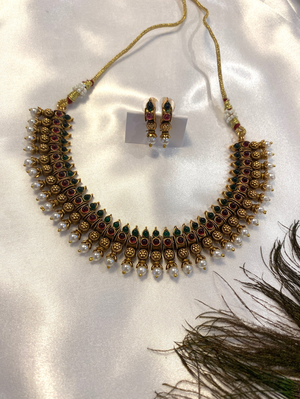 Ruby & Green Necklace Set | Traditional South Indian Jewelry | Antique Gold-Tone Necklace & Earrings