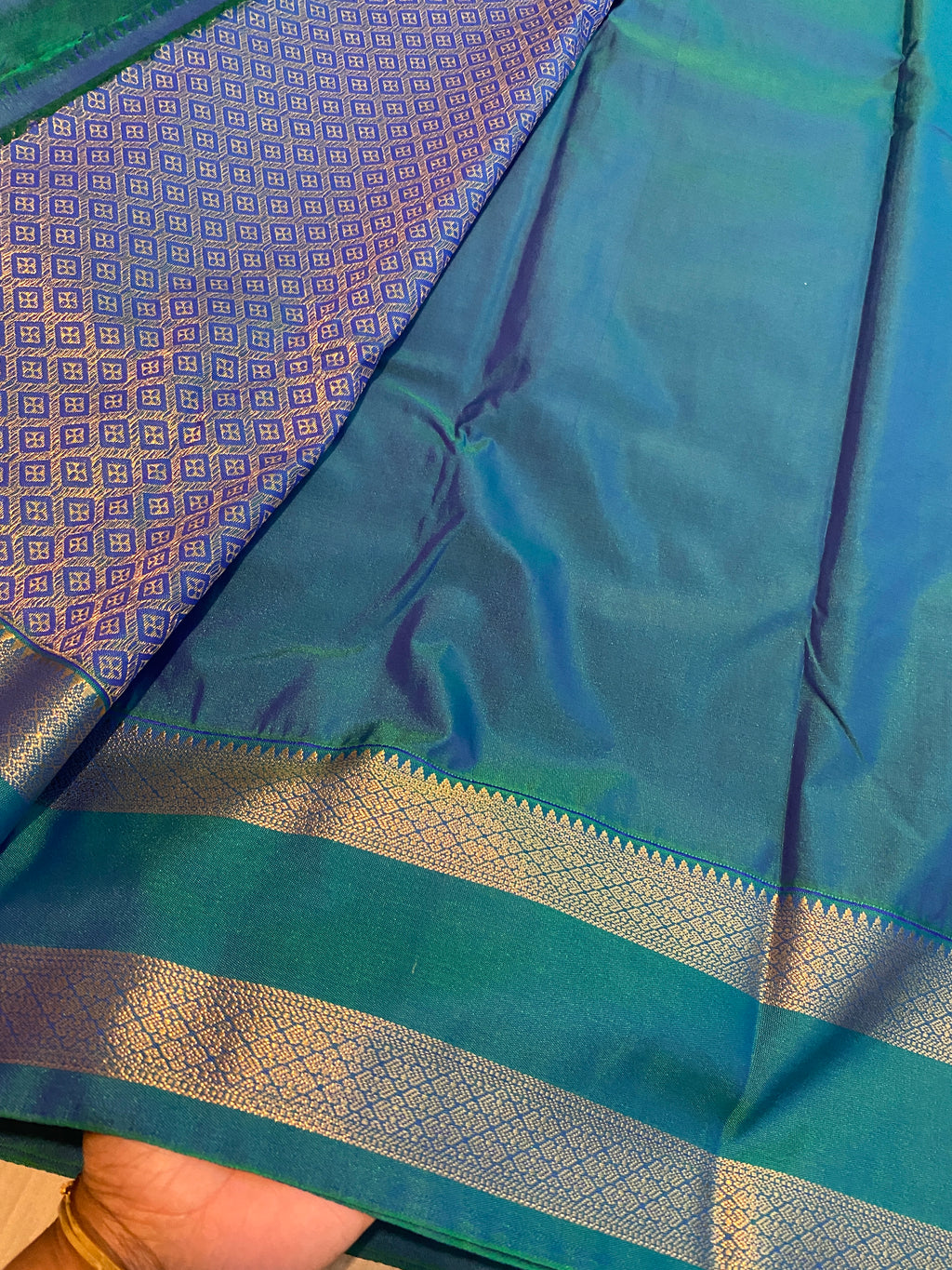 Black Premium Semi-Kanchipuram Silk Saree with Peacock Blue Zari Border & Gold Zari Motifs