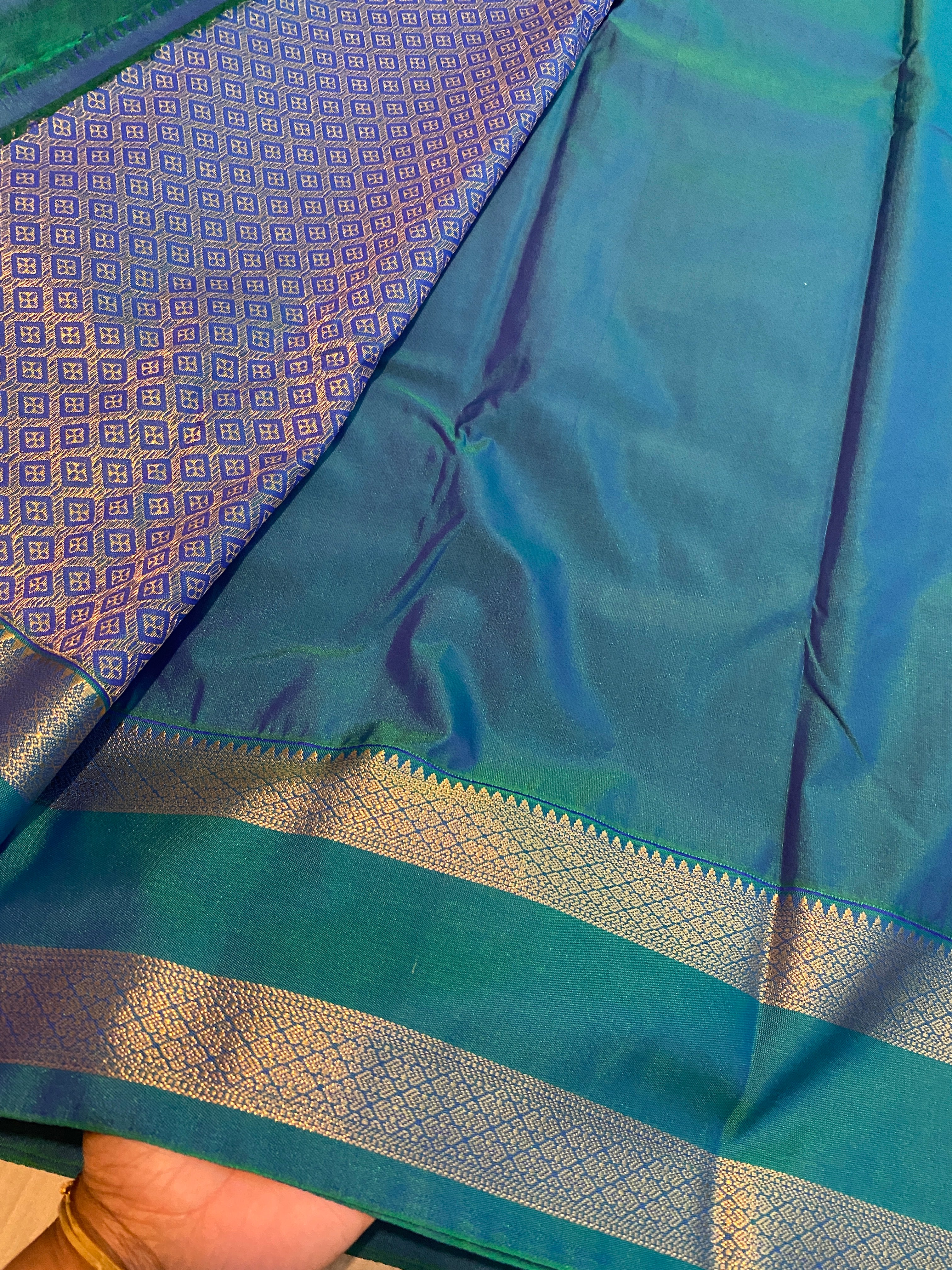 Black Premium Semi-Kanchipuram Silk Saree with Peacock Blue Zari Border & Gold Zari Motifs
