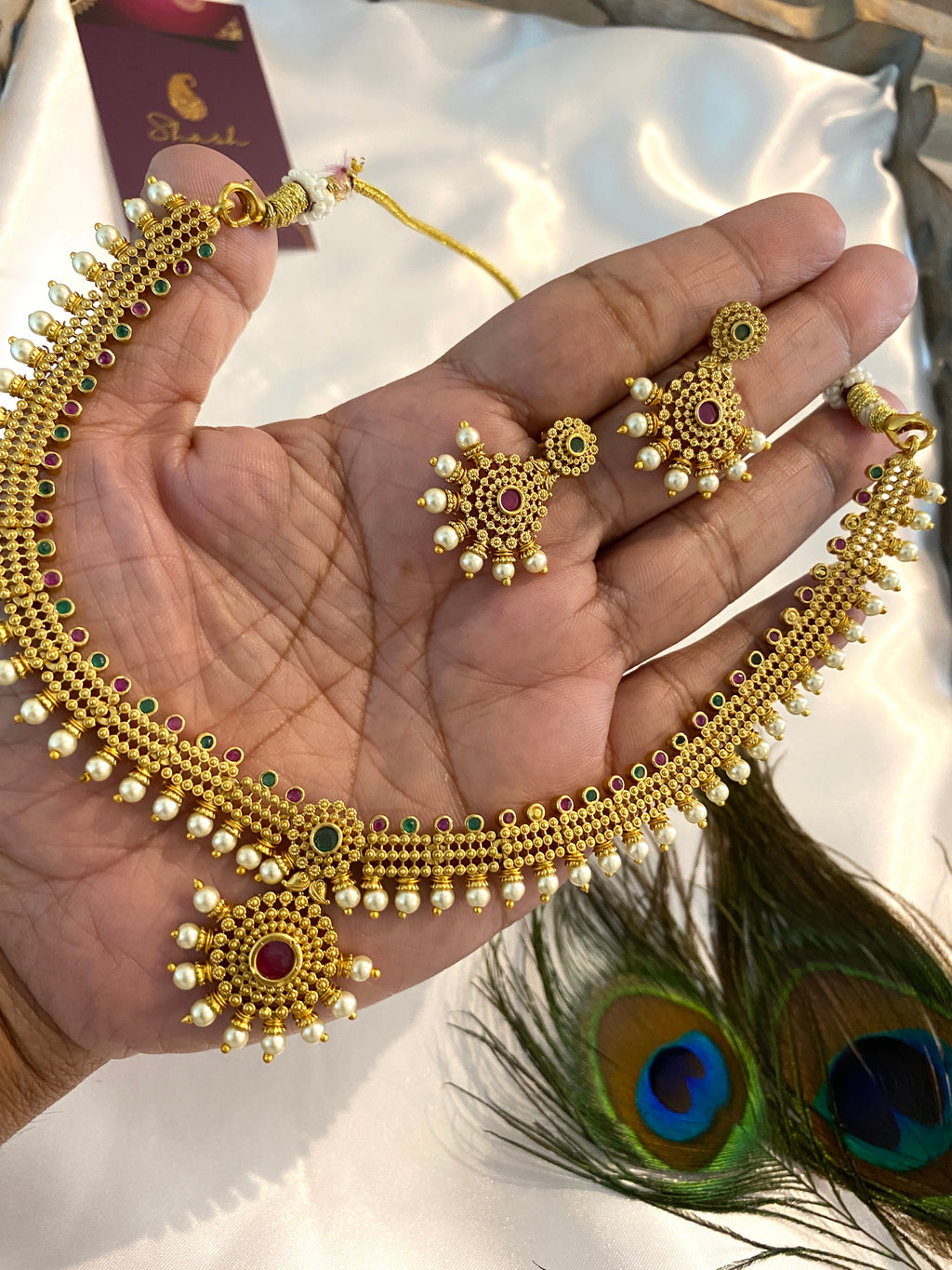 Traditional Antique Gold Necklace Set with Ruby, Green Stone & Pearl Drops