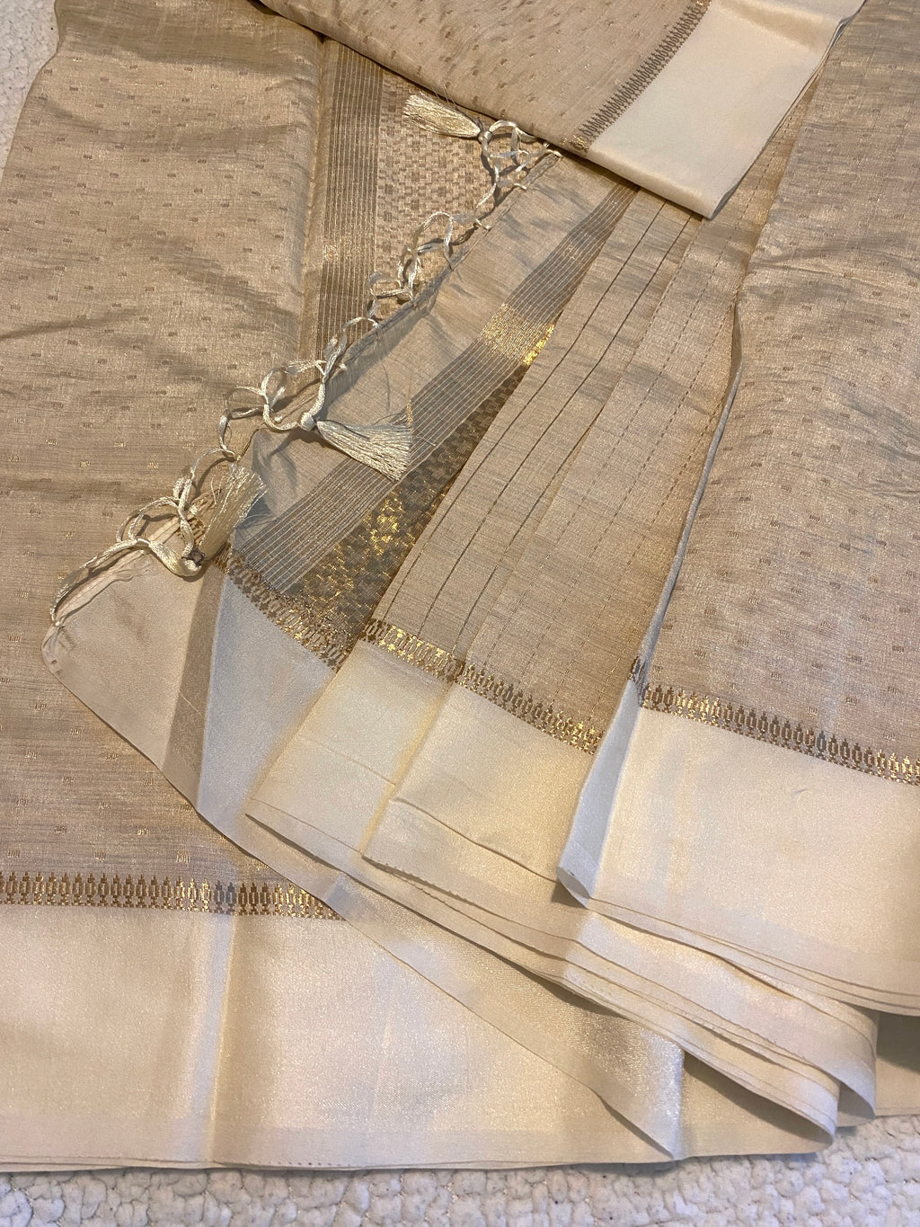 Beige Tussar Silk Saree with Satin Ivory Border & Woven Pallu