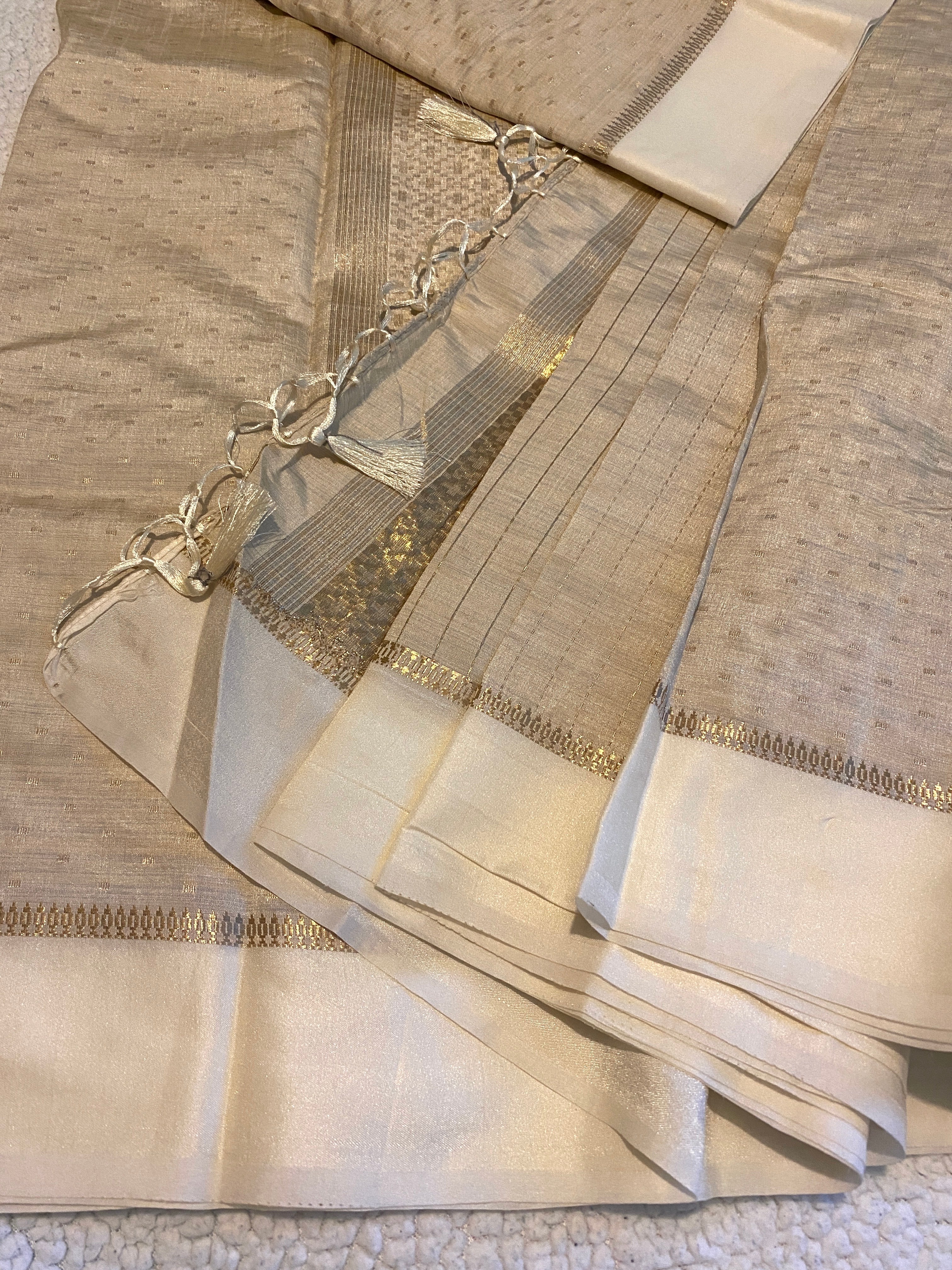 Beige Tussar Silk Saree with Satin Ivory Border & Woven Pallu