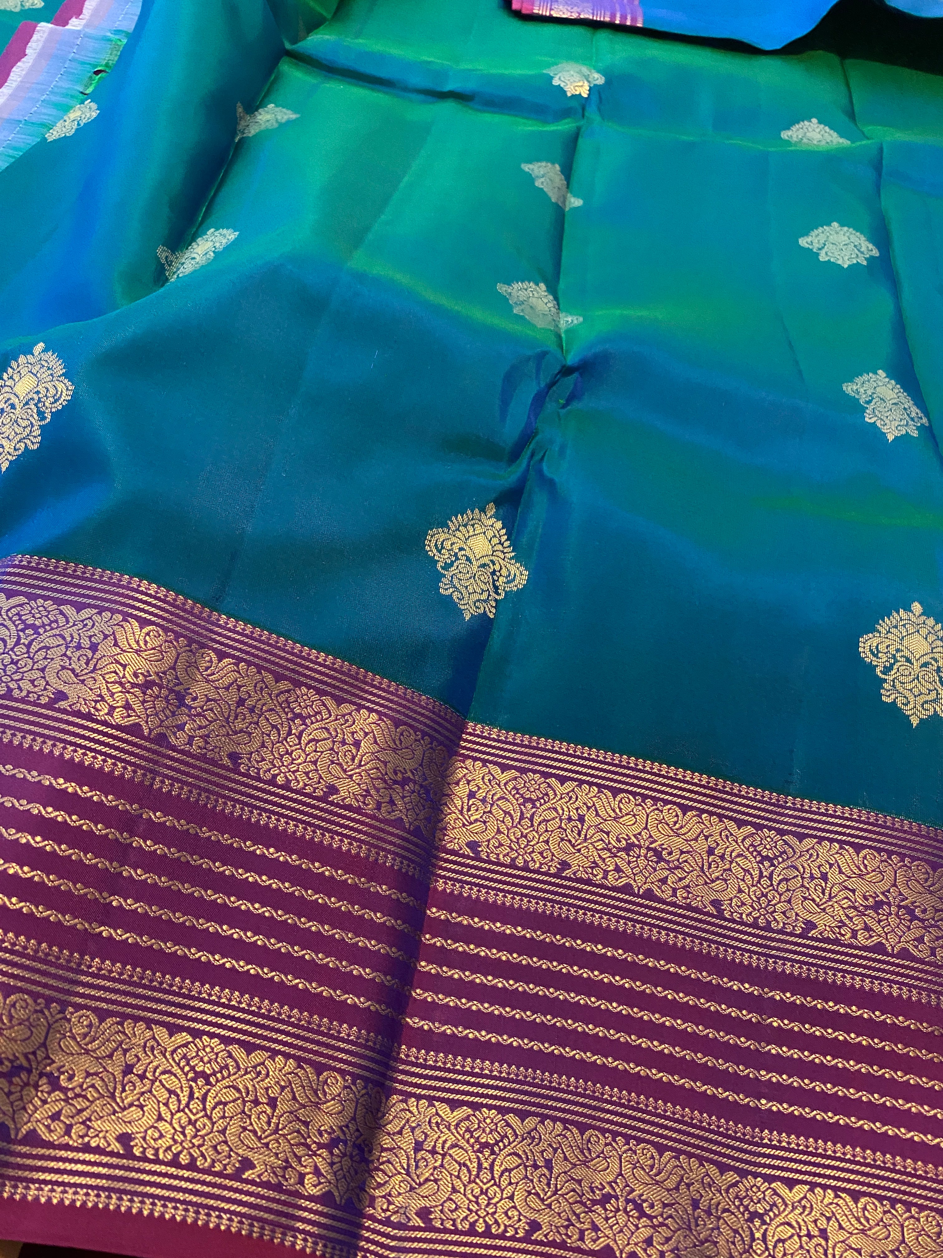 Pure Kanchipuram Silk Saree in Peacock Blue with Contrast Purple Zari Border | Silk Mark Certified