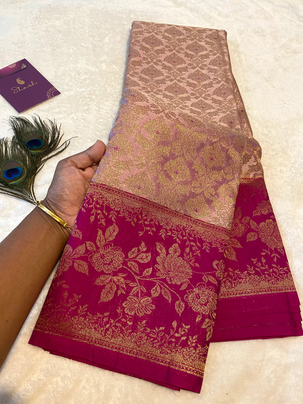 Blush Pink Premium Semi-Kanchipuram Silk Saree with Magenta Pink Floral Gold Zari Border & Pallu