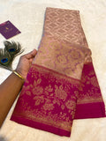Blush Pink Premium Semi-Kanchipuram Silk Saree with Magenta Pink Floral Gold Zari Border & Pallu