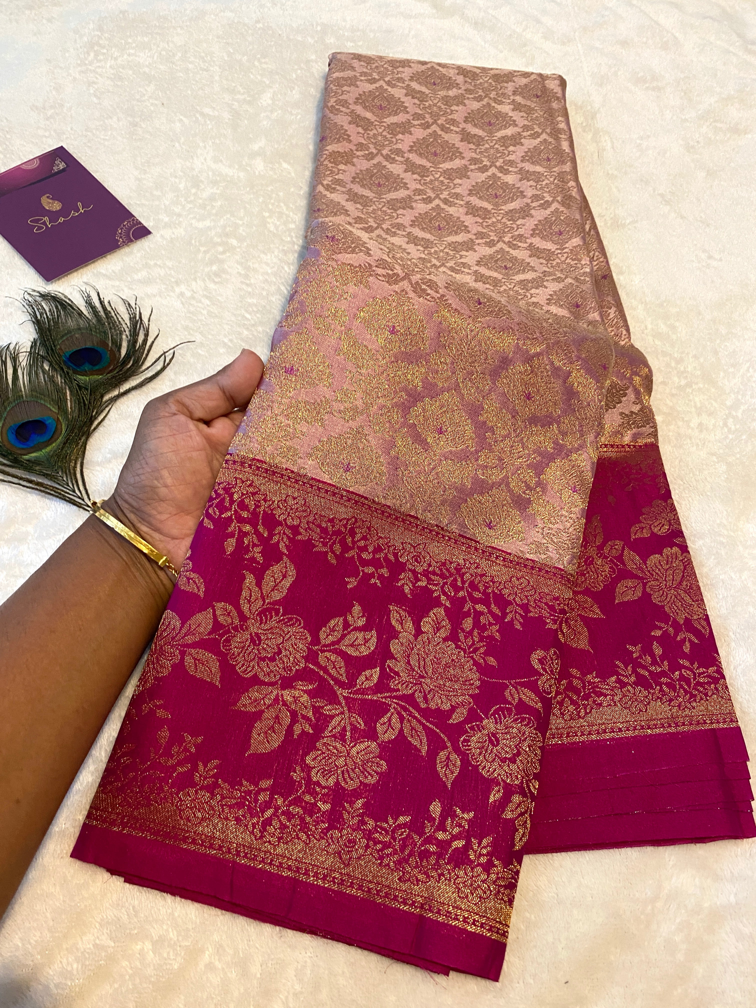 Blush Pink Premium Semi-Kanchipuram Silk Saree with Magenta Pink Floral Gold Zari Border & Pallu