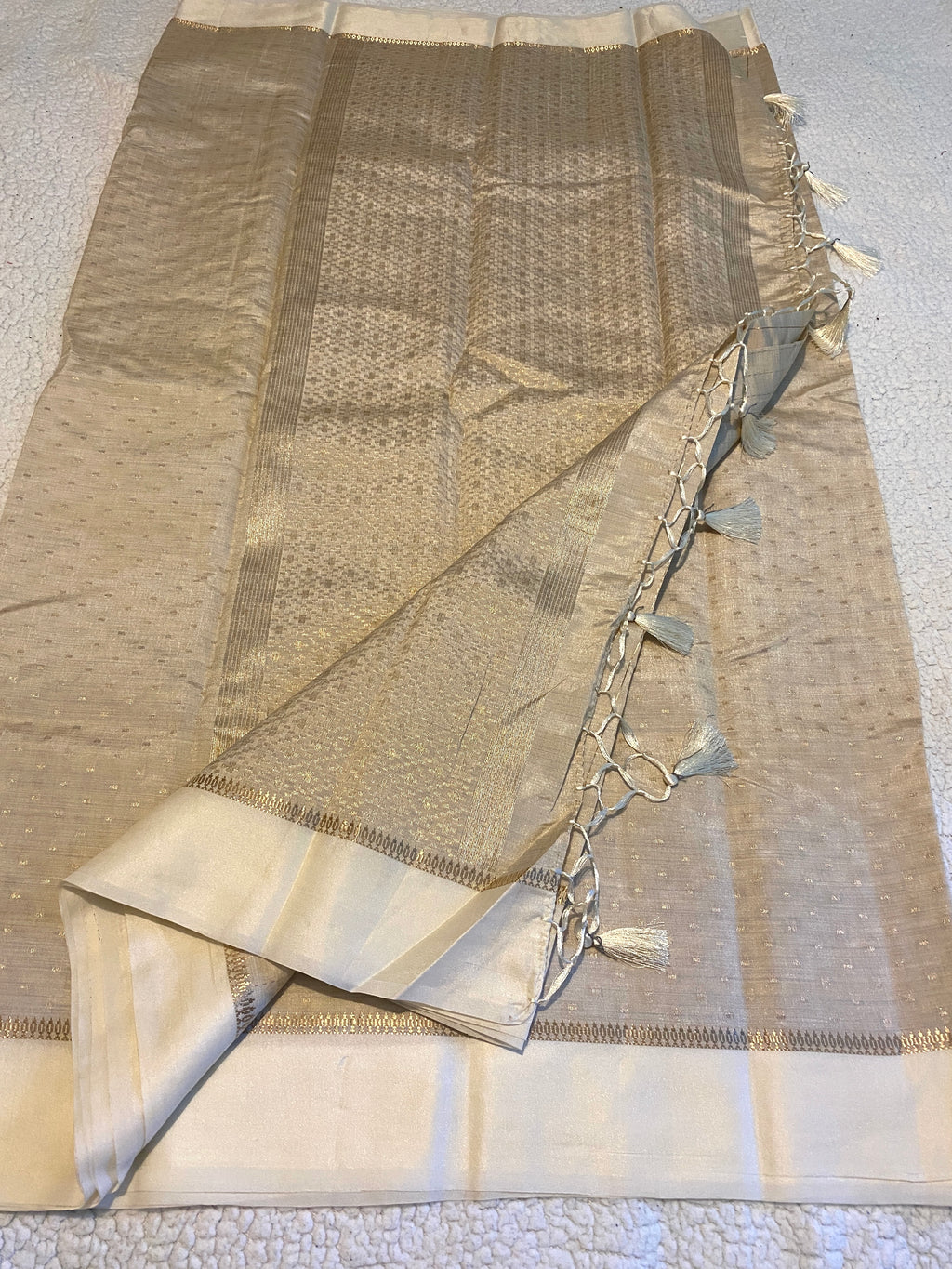 Beige Tussar Silk Saree with Satin Ivory Border & Woven Pallu