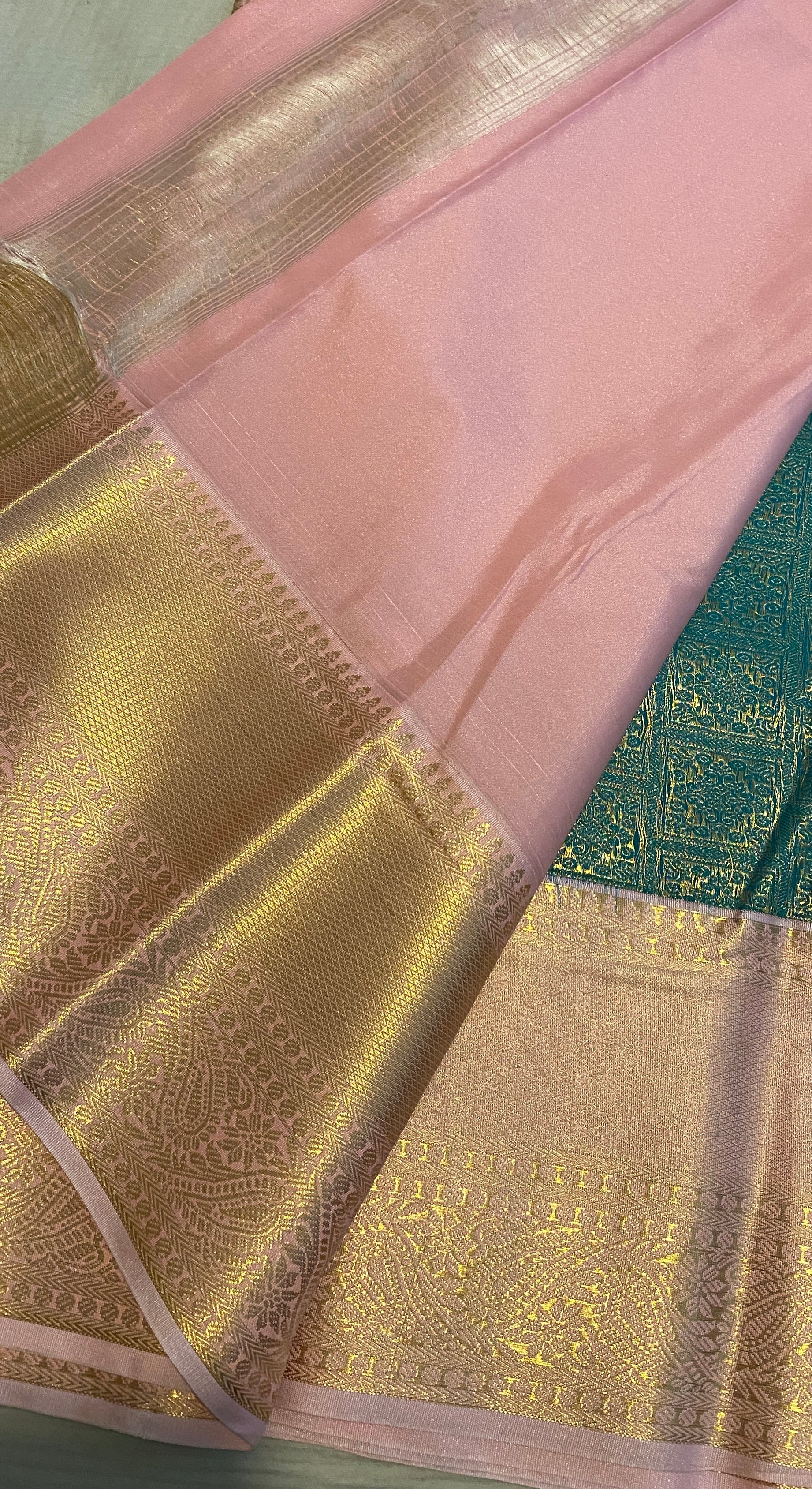 Emerald Green Semi-Kanchipuram Silk Saree with Baby Pink Zari Border & Woven Pallu