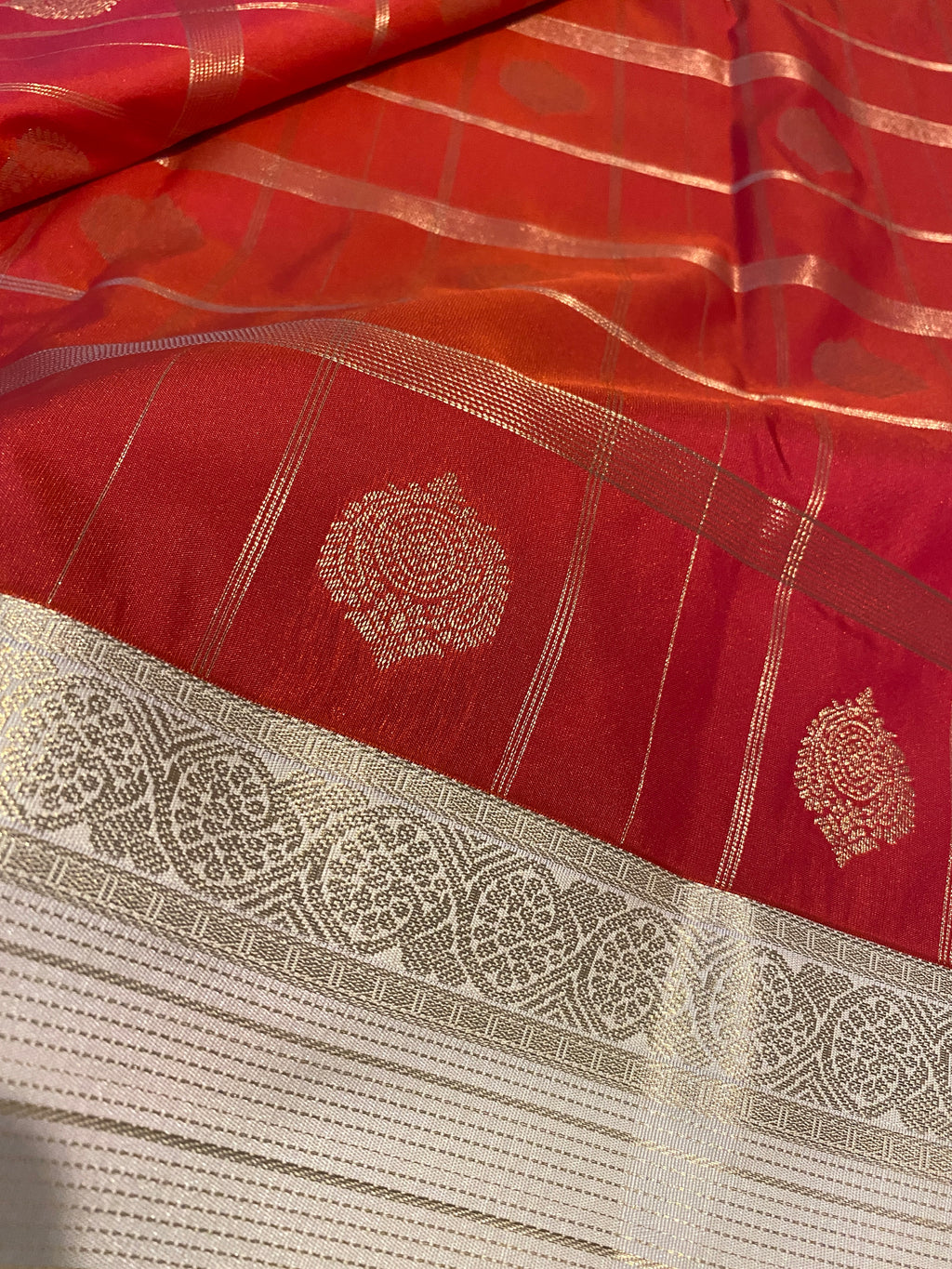 Semi-Kanchipuram Silk Saree in Red with Off-White Pallu & Gold Zari Border